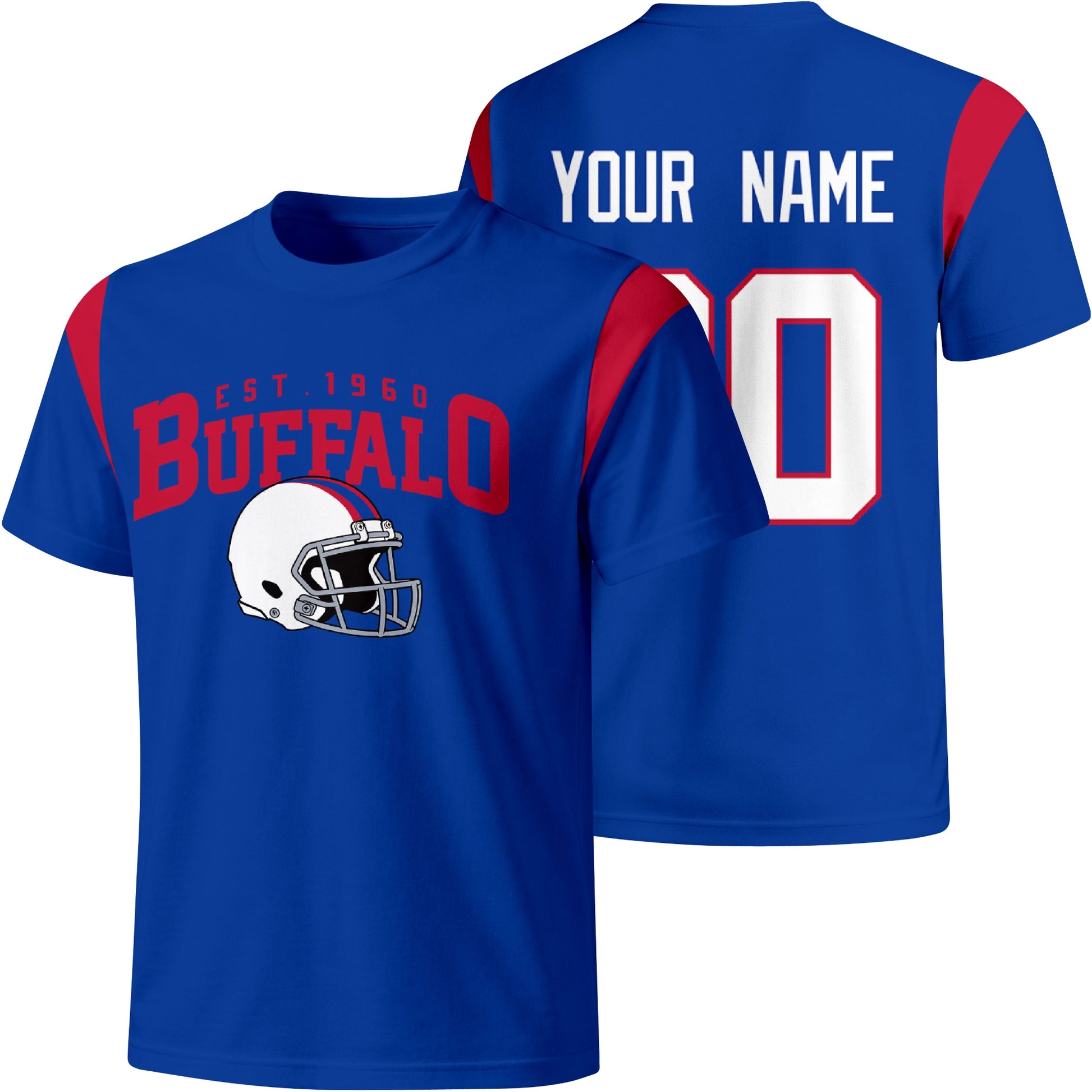 Buffalo personalized varsity football T shirt in Royal showing front helmet design and back custom name and number