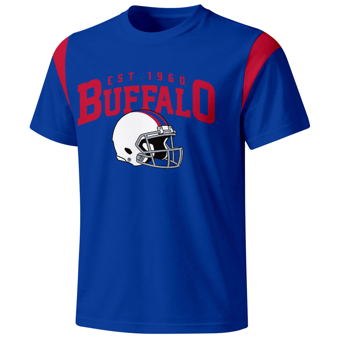 Buffalo personalized varsity football T shirt in Royal showing front helmet design and back custom name and number