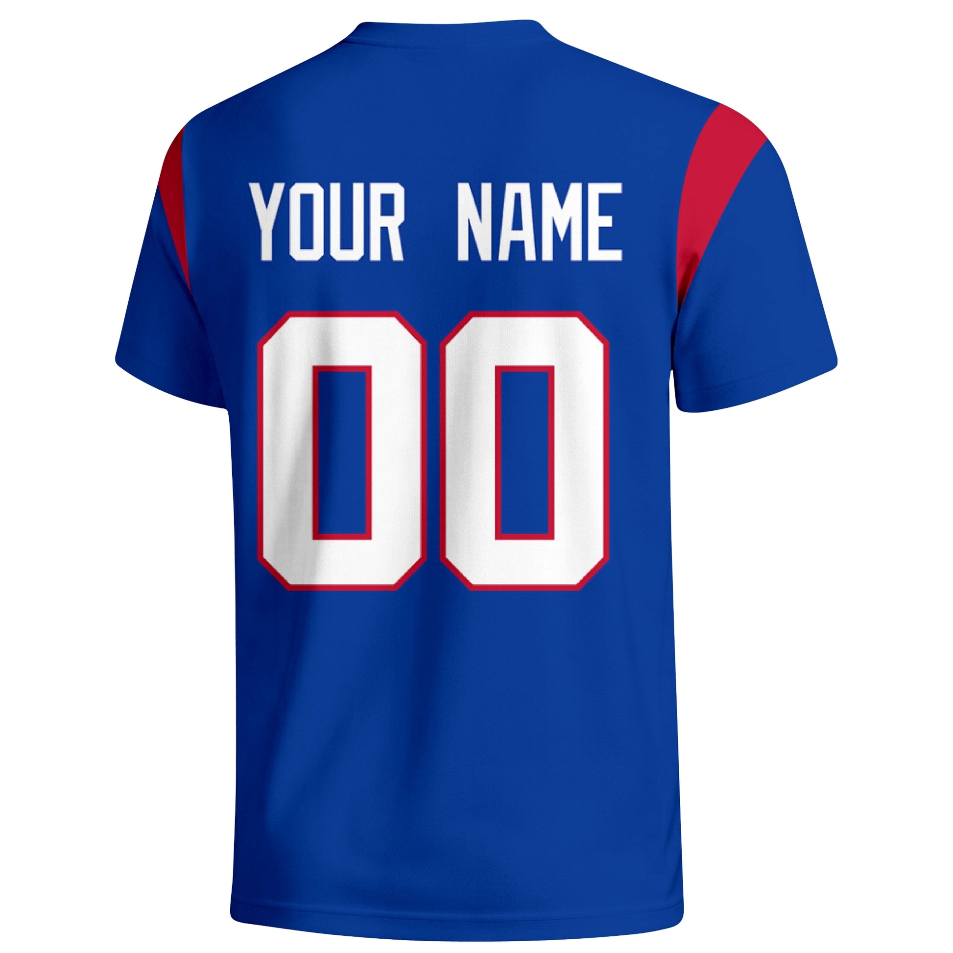 Buffalo personalized varsity football T shirt in Royal showing the back custom name and number