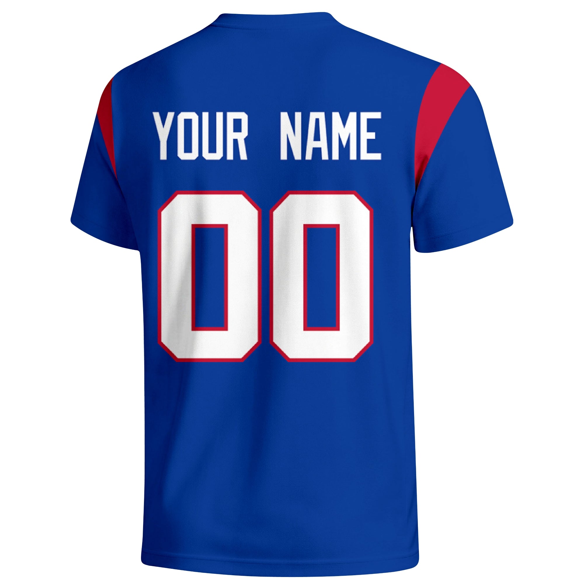 Buffalo personalized varsity football T shirt in Royal showing the back custom name and number