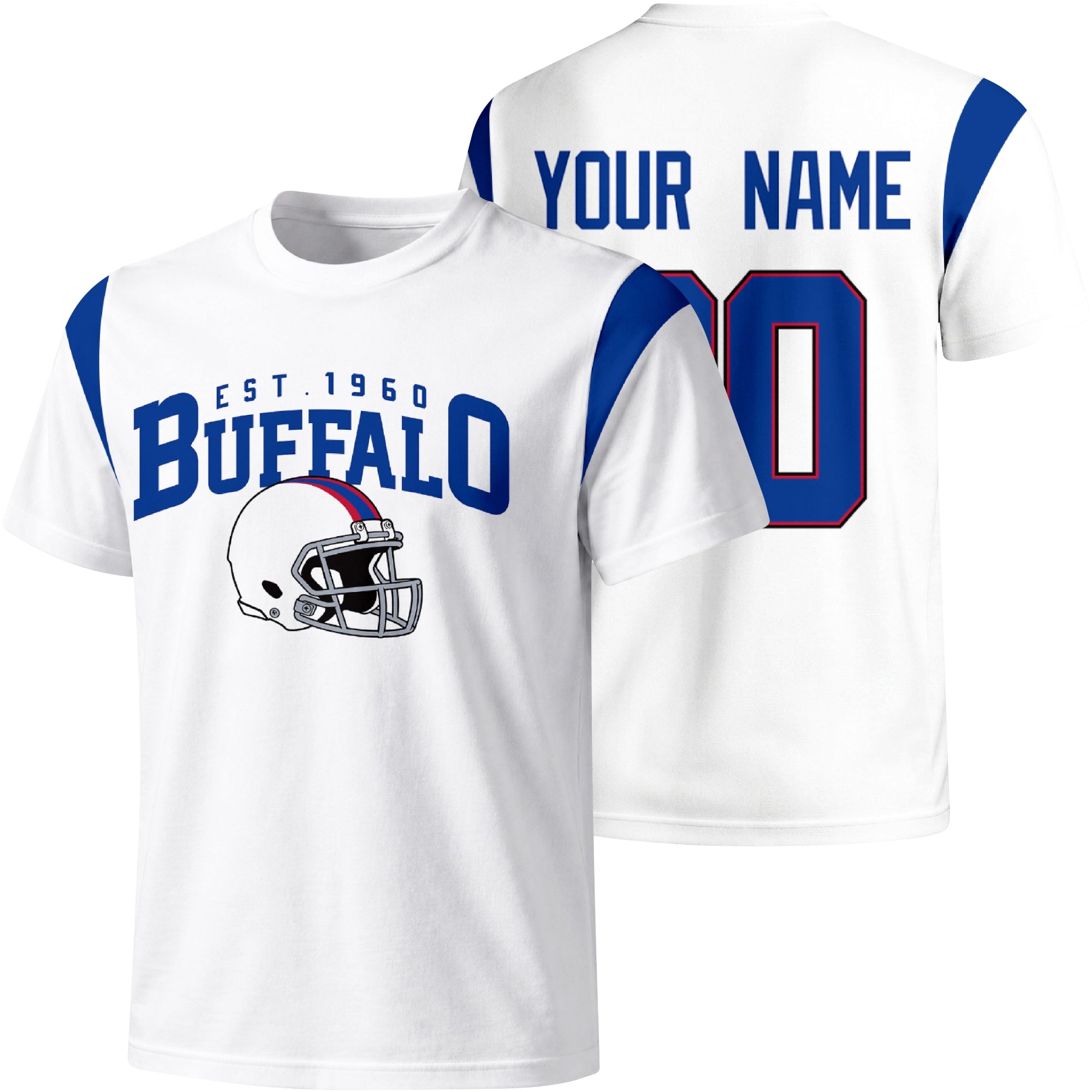 Buffalo personalized varsity football T shirt in White showing front helmet design and back custom name and number