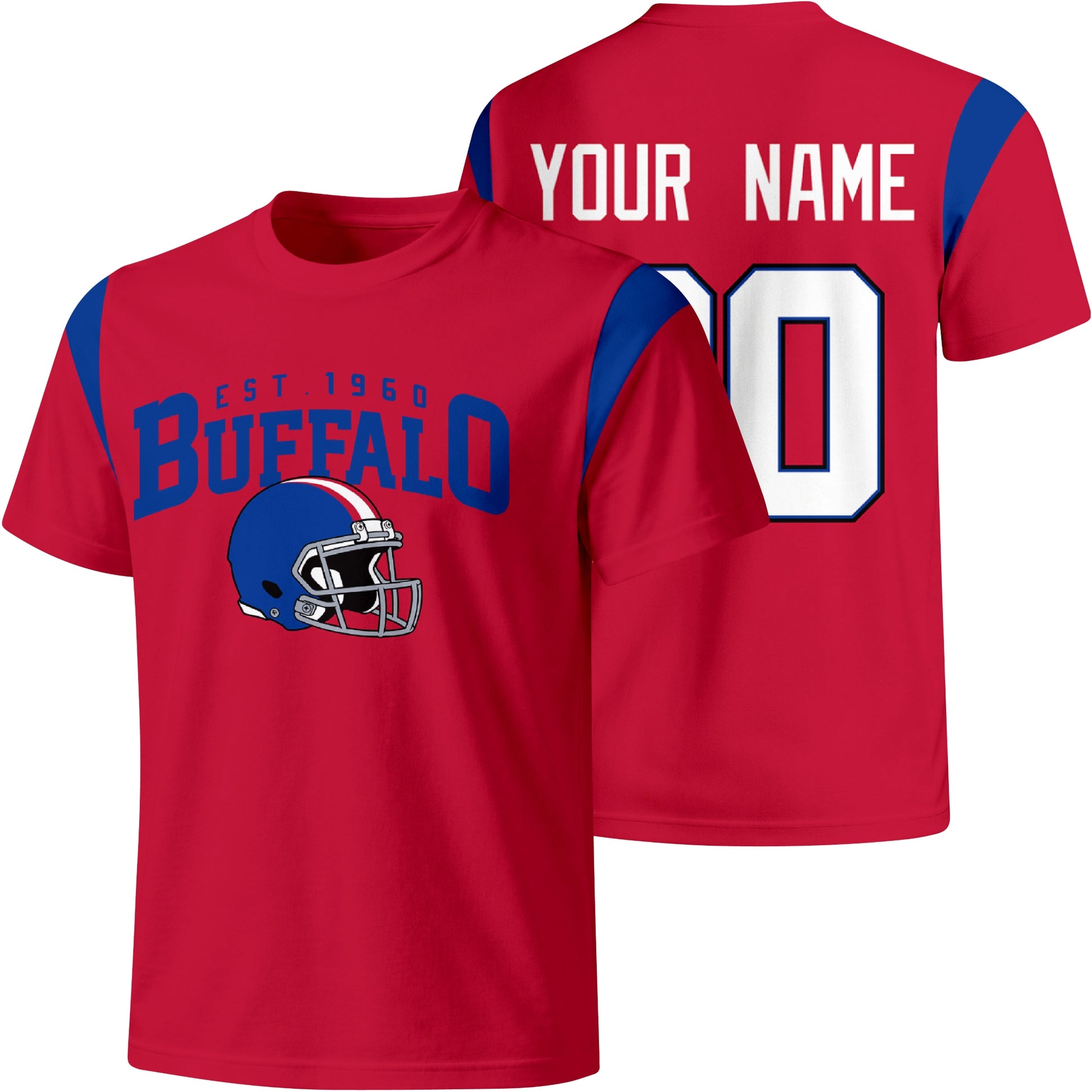 Buffalo personalized varsity football T shirt in Red showing front helmet design and back custom name and number