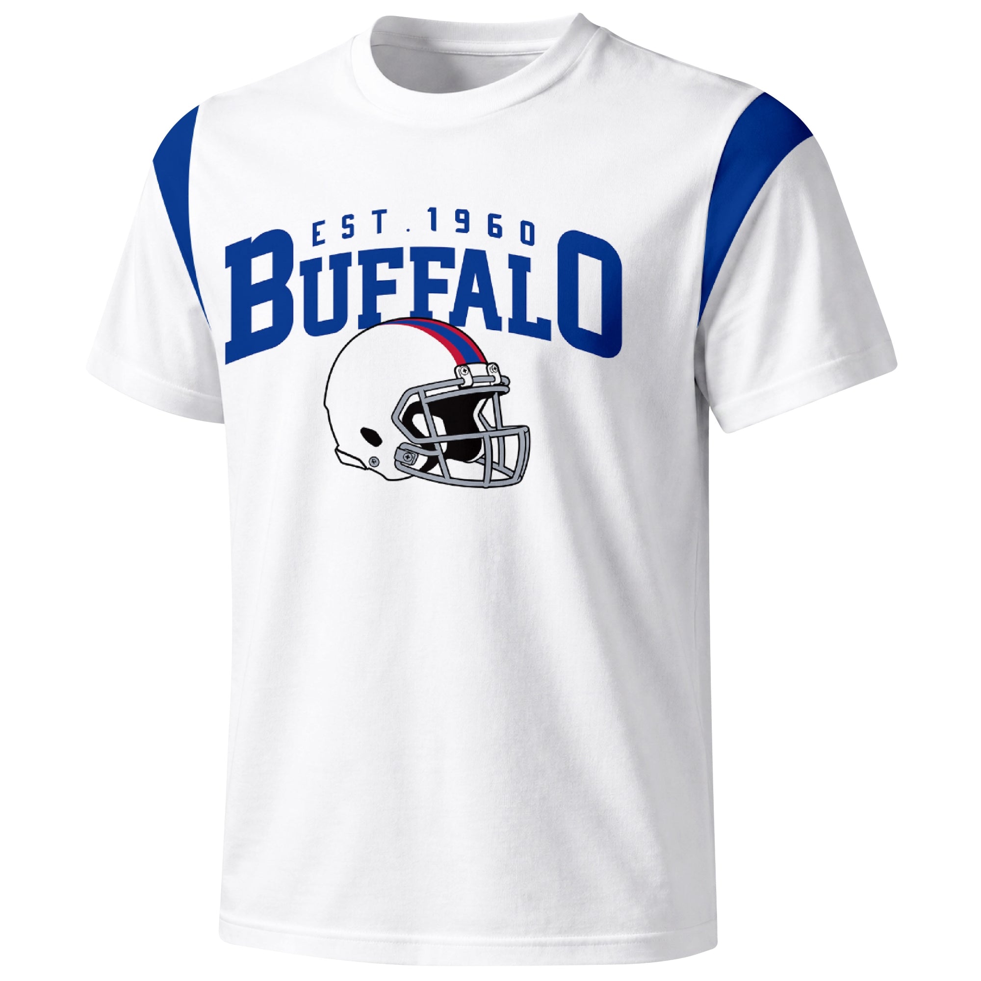 Buffalo varsity football T shirt in White showing the front city helmet design and contrast shoulder panels