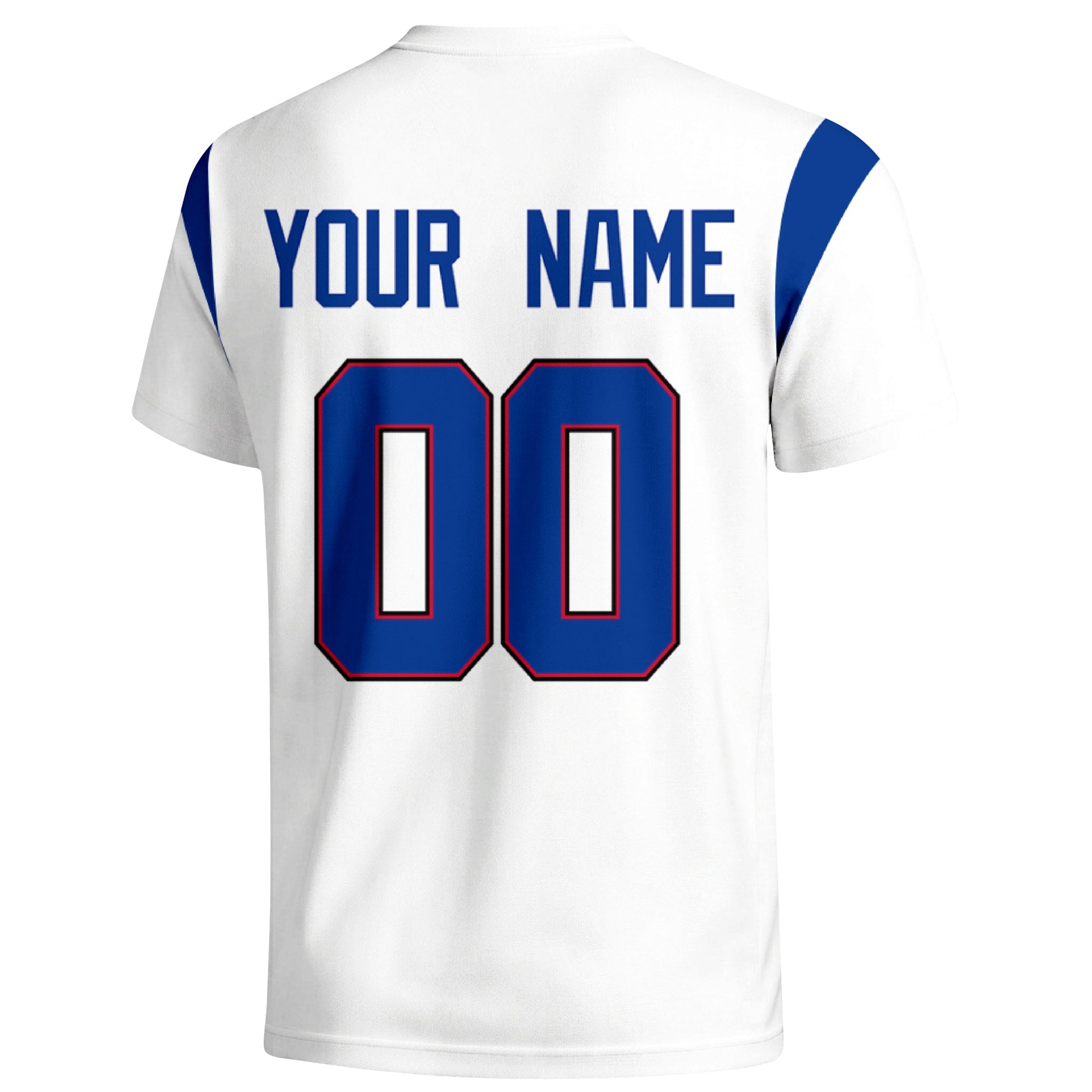 Buffalo personalized varsity football T shirt in White showing the back custom name and number