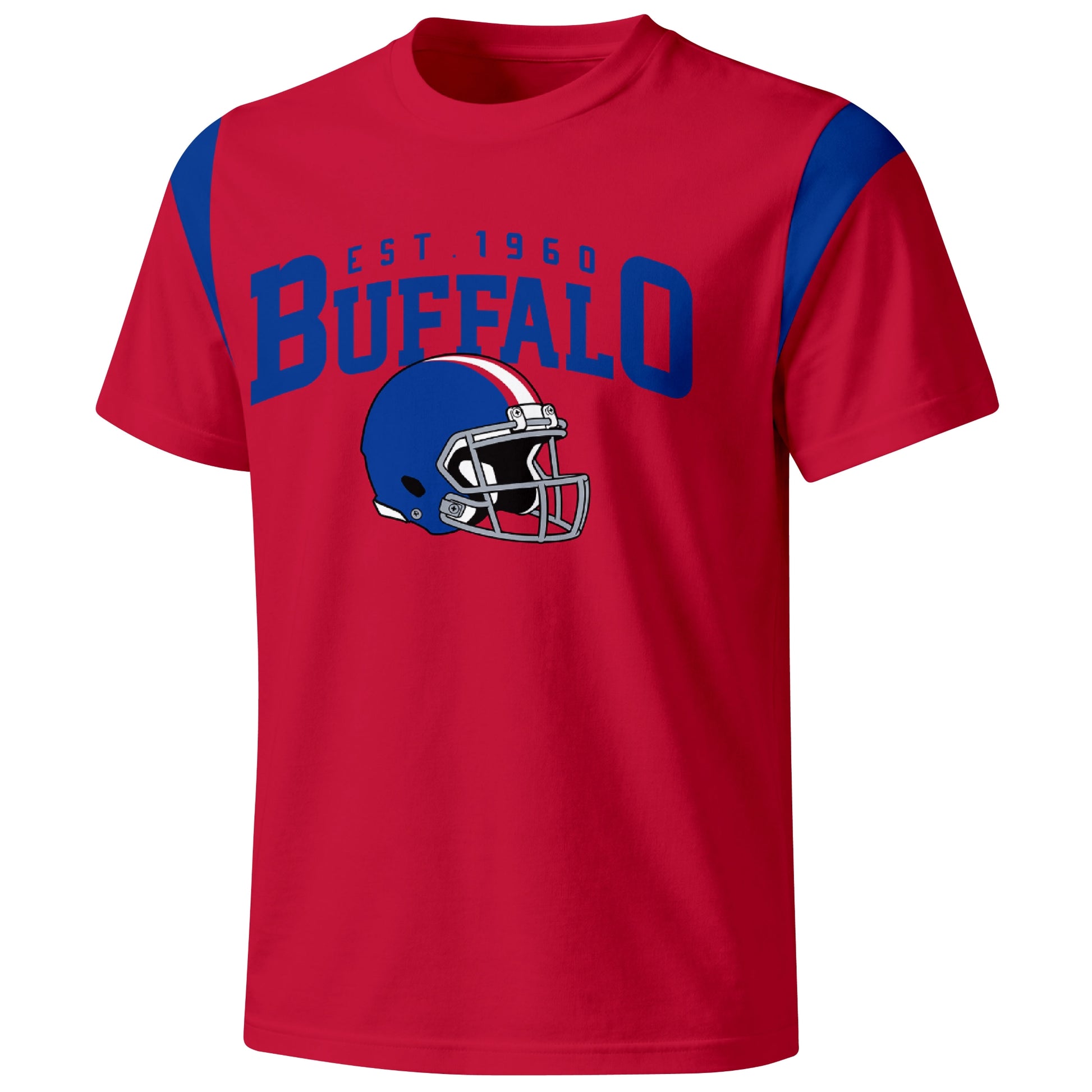 Buffalo varsity football T shirt in Red showing the front city helmet design and contrast shoulder panels