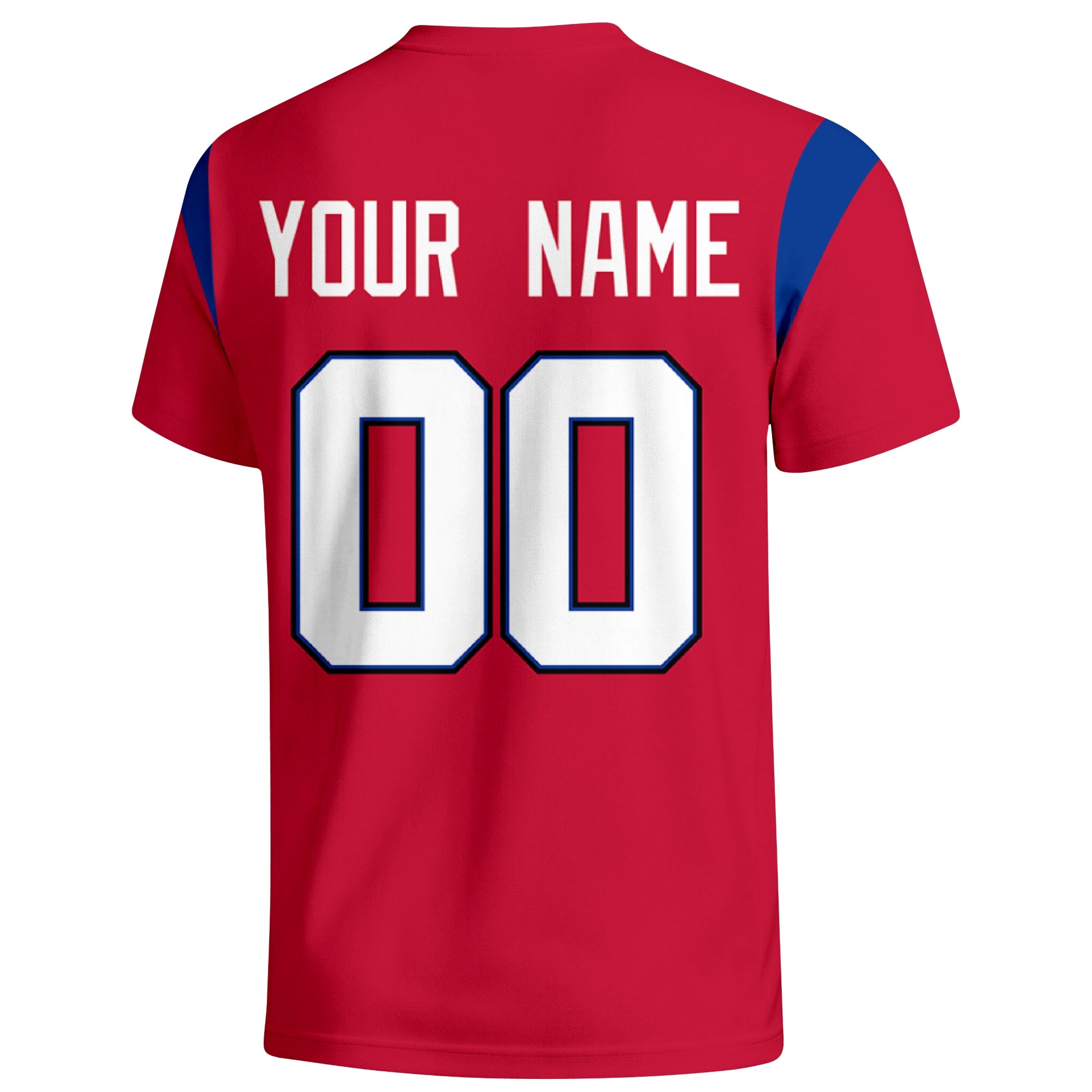 Buffalo personalized varsity football T shirt in Red showing the back custom name and number