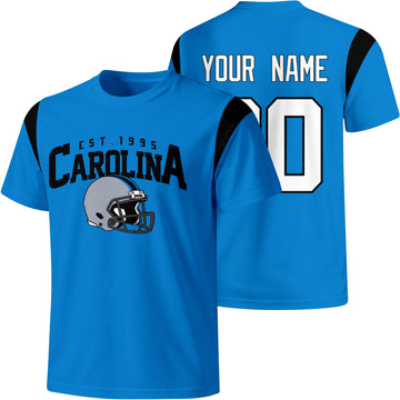 Carolina personalized varsity football T shirt in Blue showing front helmet design and back custom name and number