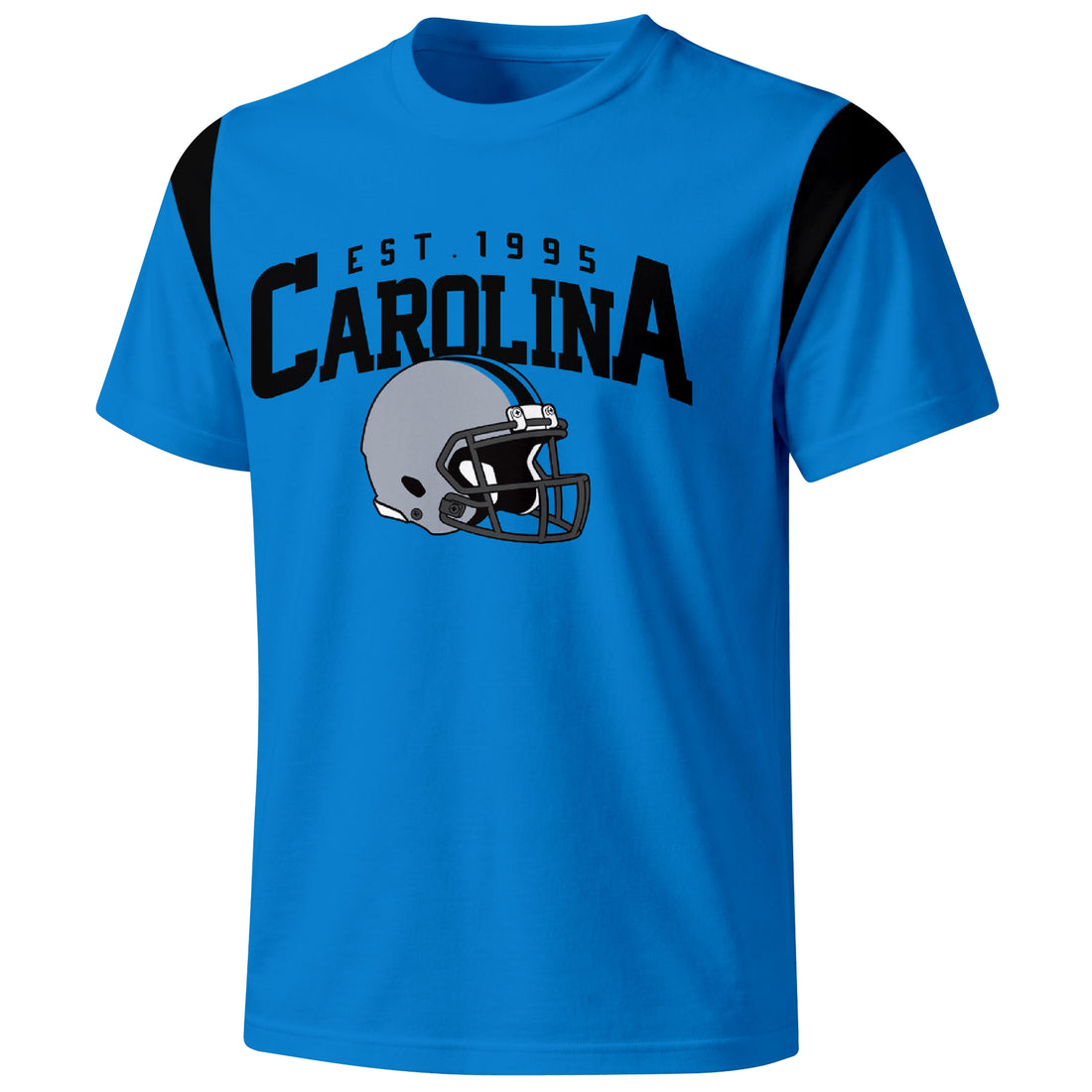 Carolina personalized varsity football T shirt in Blue showing front helmet design and back custom name and number