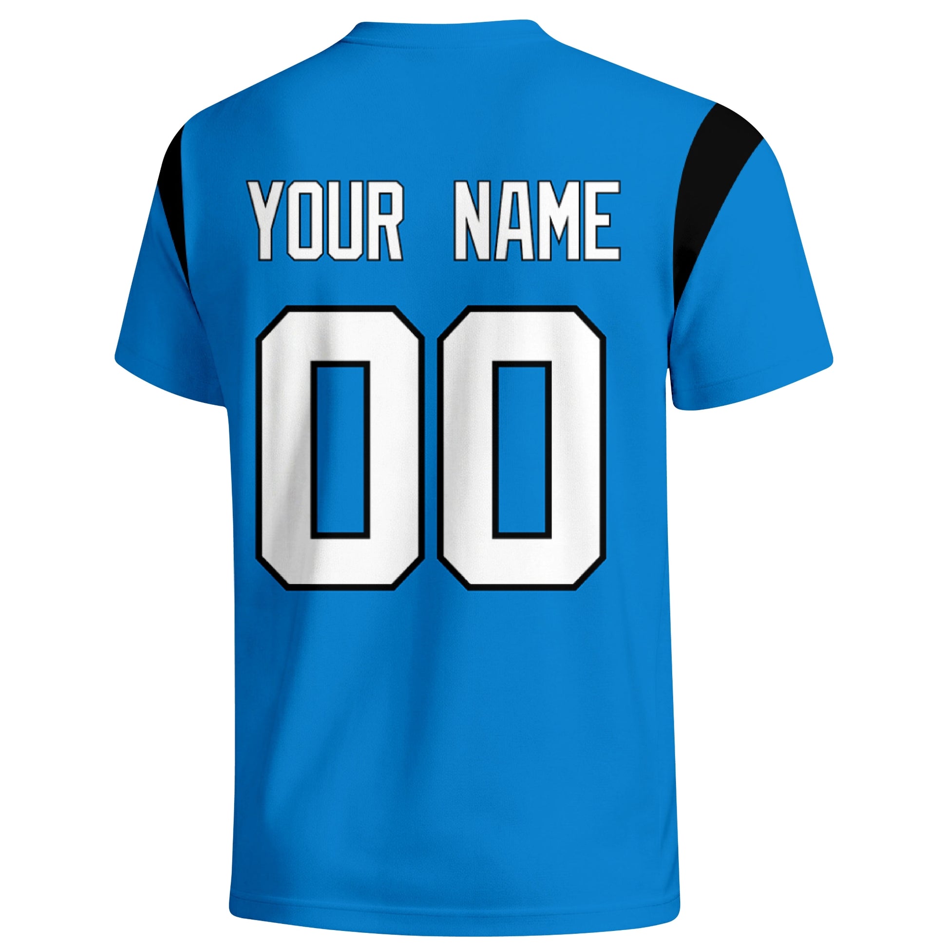 Carolina personalized varsity football T shirt in Blue showing the back custom name and number