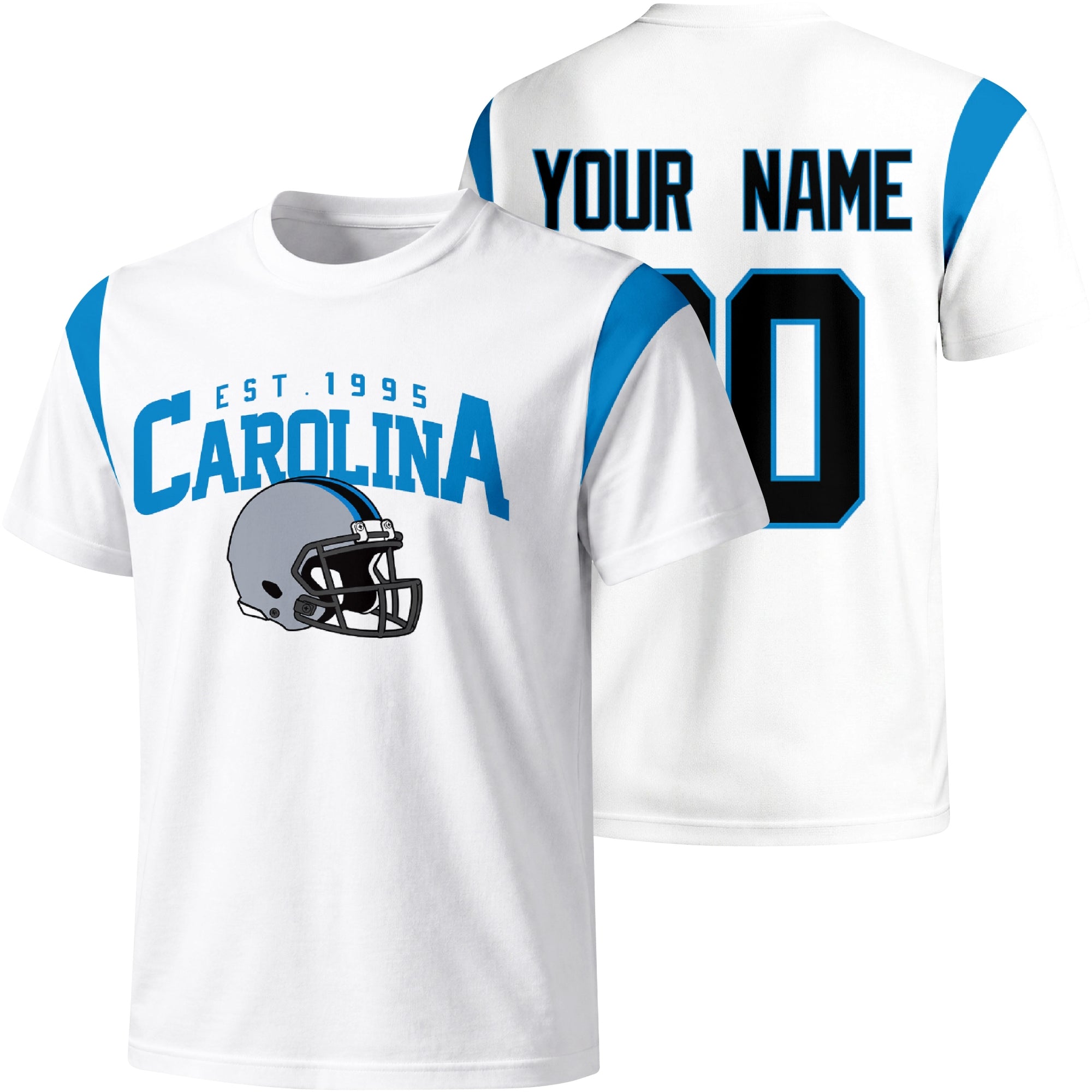 Carolina personalized varsity football T shirt in White showing front helmet design and back custom name and number