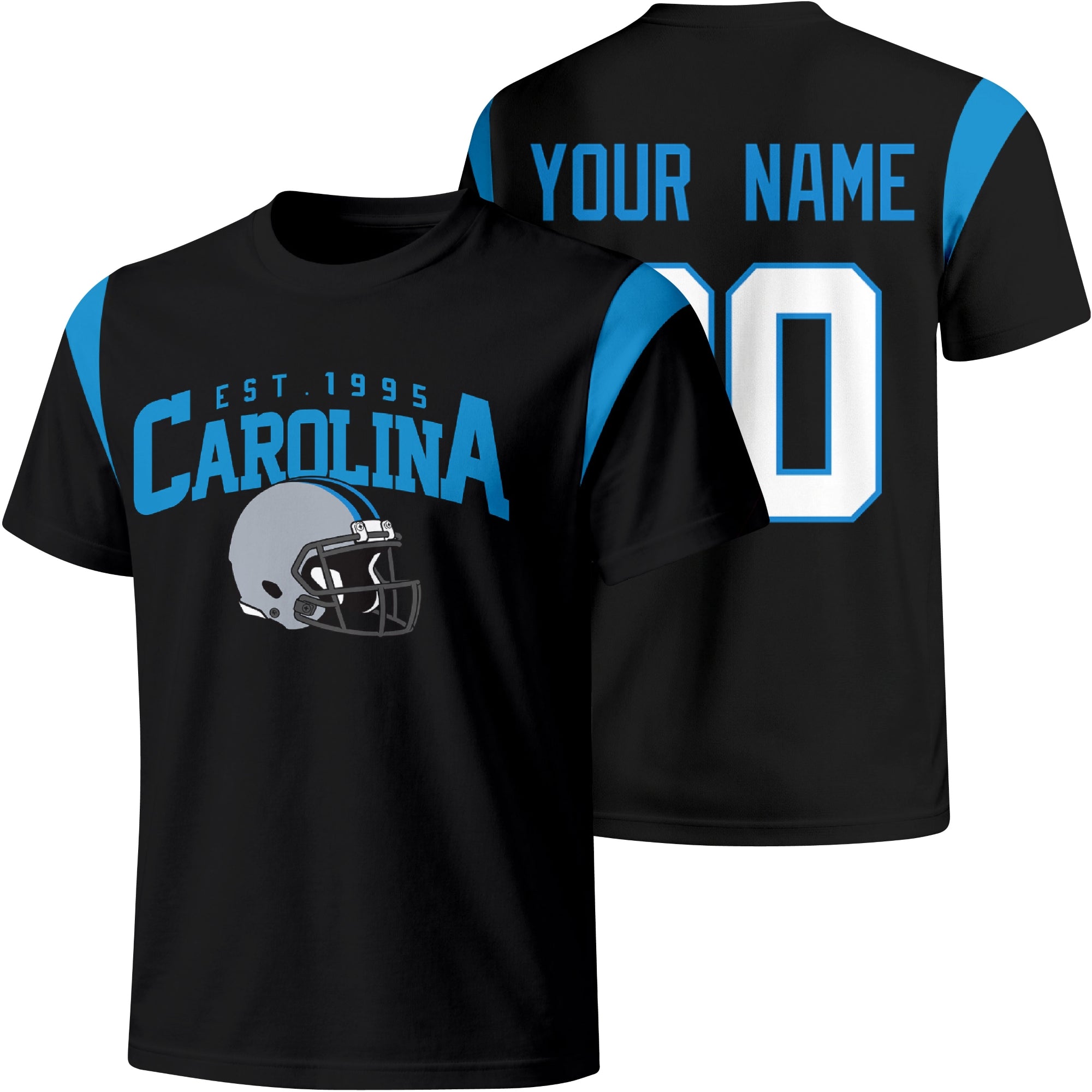 Carolina personalized varsity football T shirt in Black showing front helmet design and back custom name and number