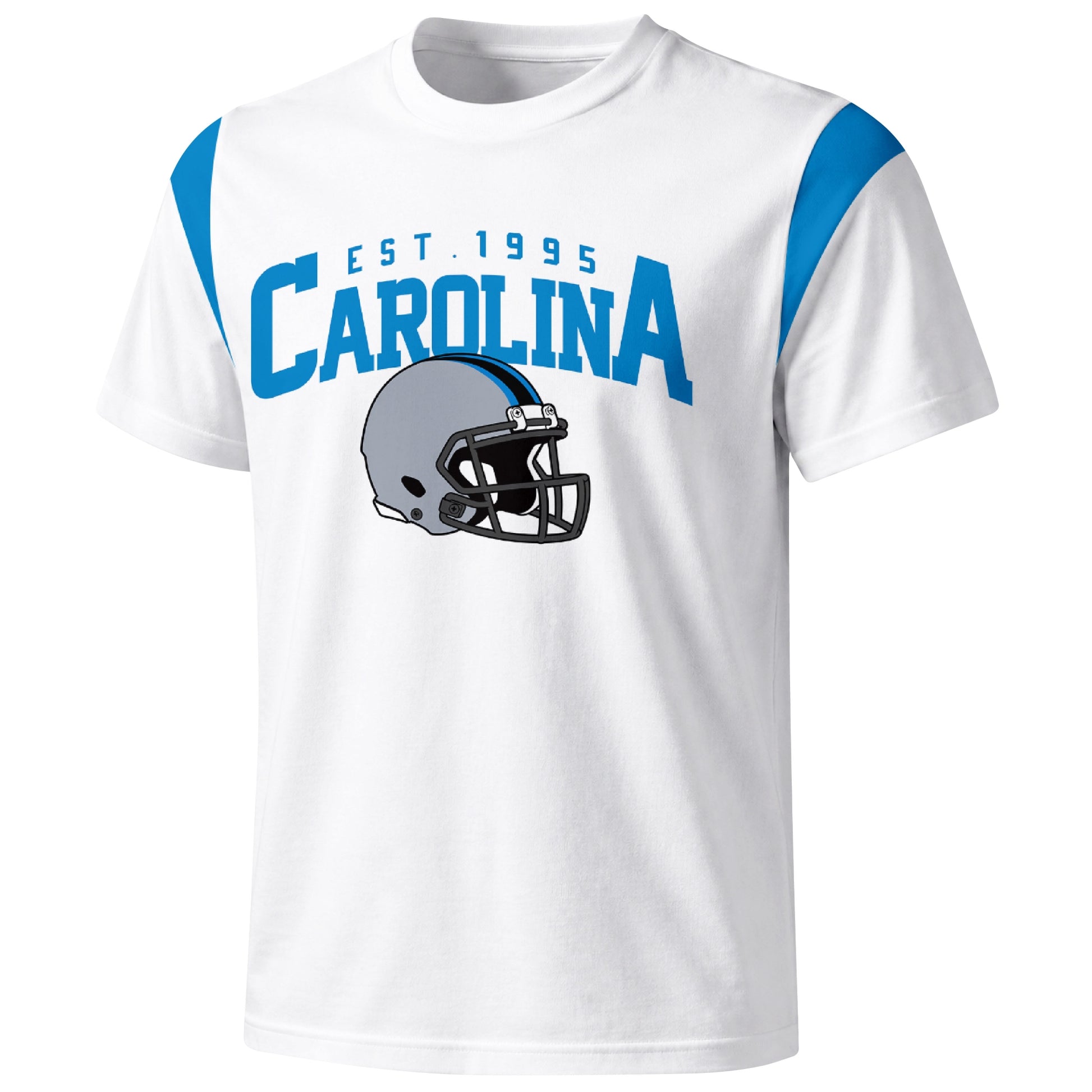 Carolina varsity football T shirt in White showing the front city helmet design and contrast shoulder panels