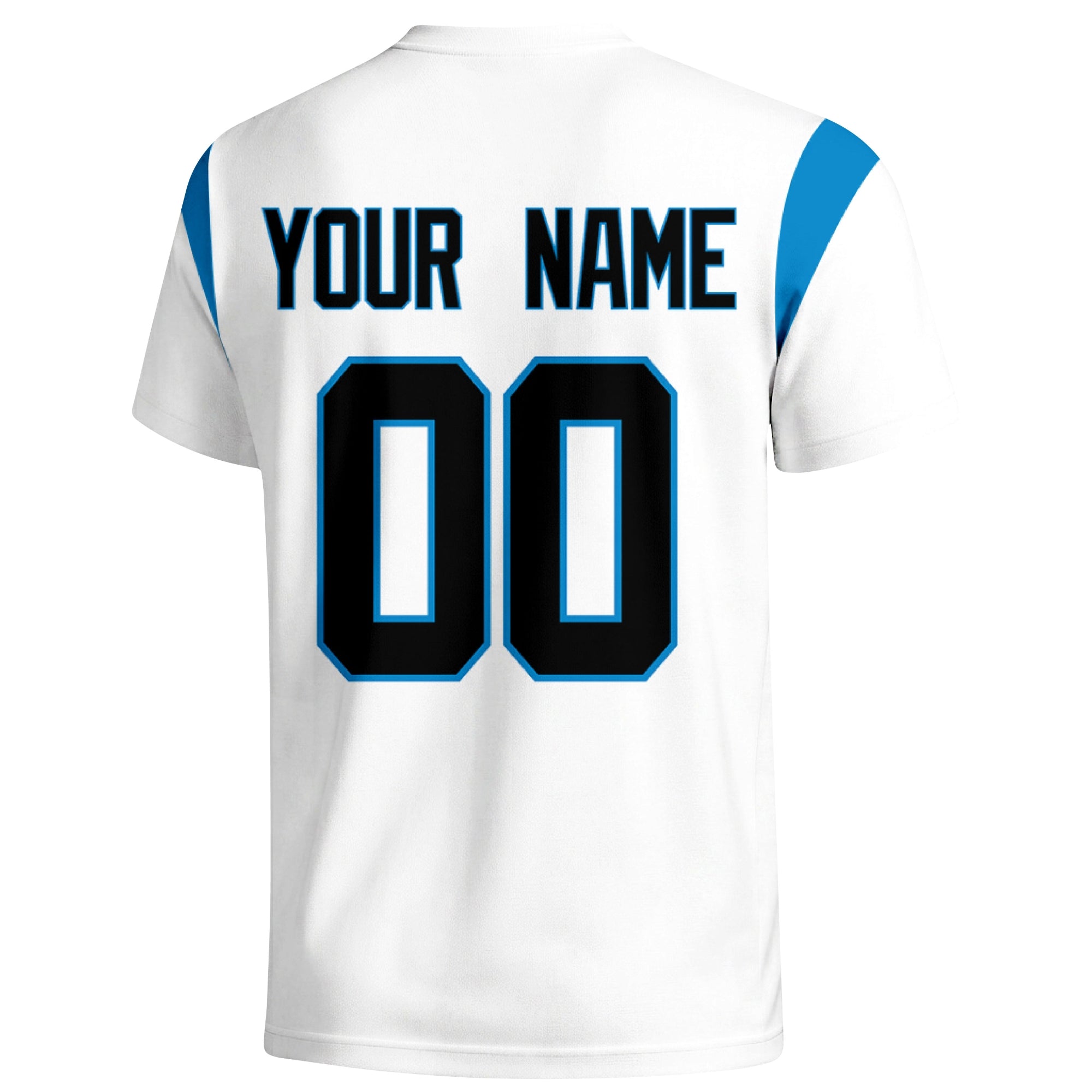 Carolina personalized varsity football T shirt in White showing the back custom name and number