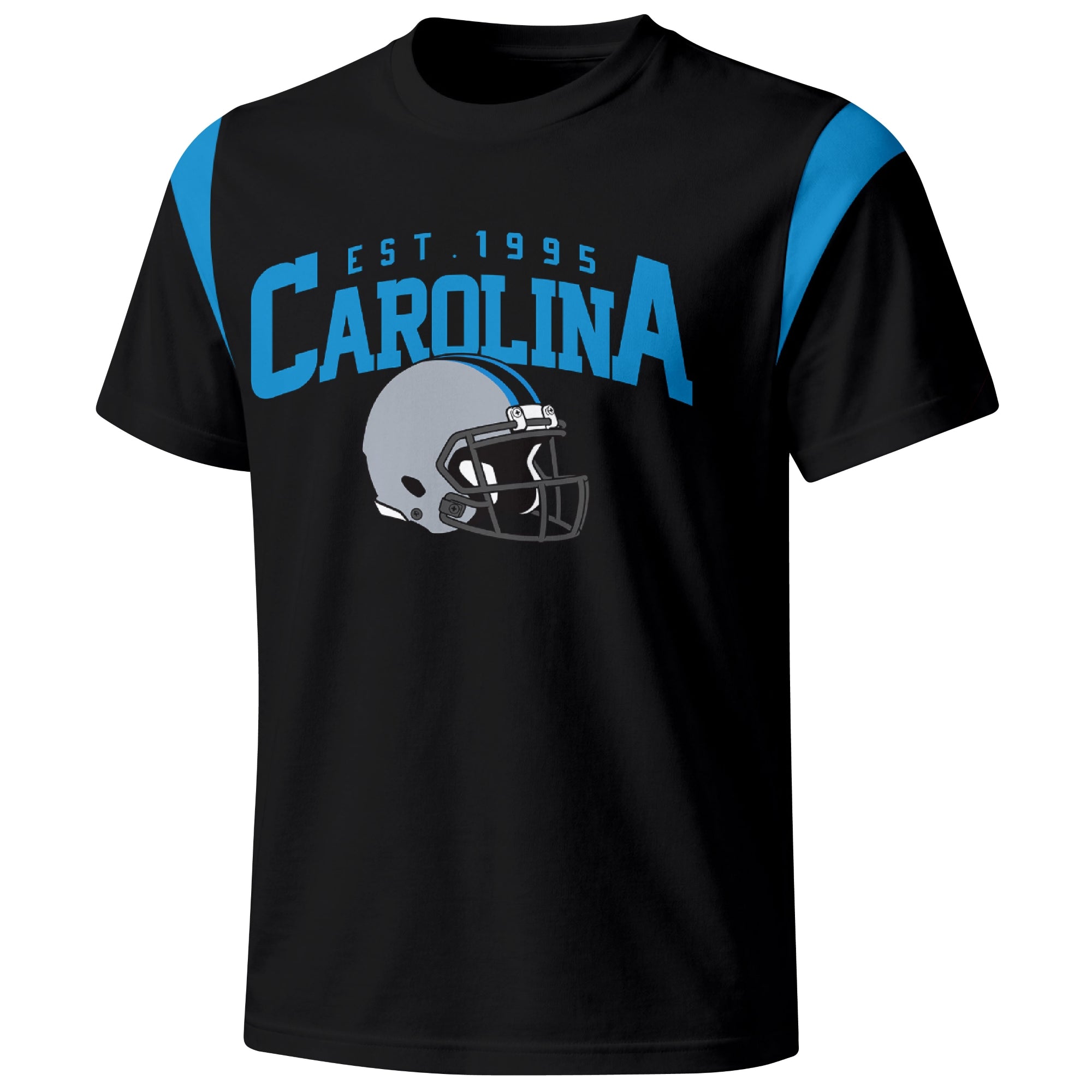 Carolina varsity football T shirt in Black showing the front city helmet design and contrast shoulder panels
