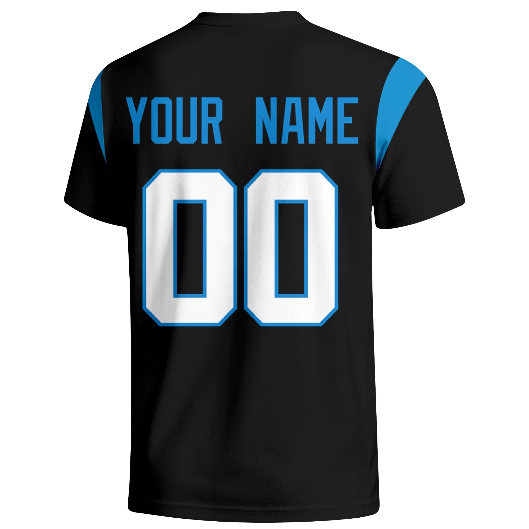 Carolina personalized varsity football T shirt in Black showing the back custom name and number