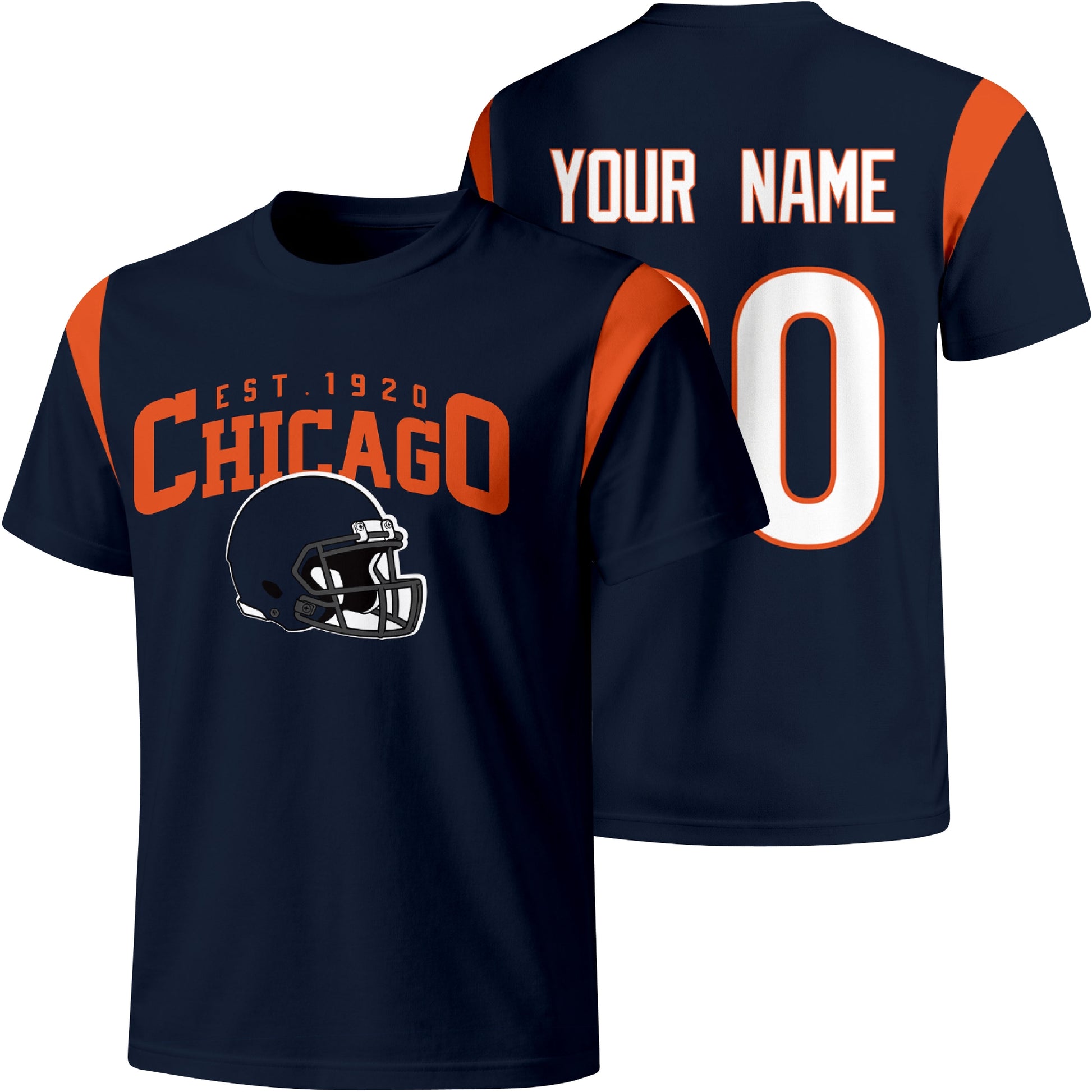 Chicago personalized varsity football T shirt in Navy showing front helmet design and back custom name and number