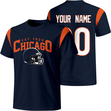 Chicago personalized varsity football T shirt in Navy showing front helmet design and back custom name and number
