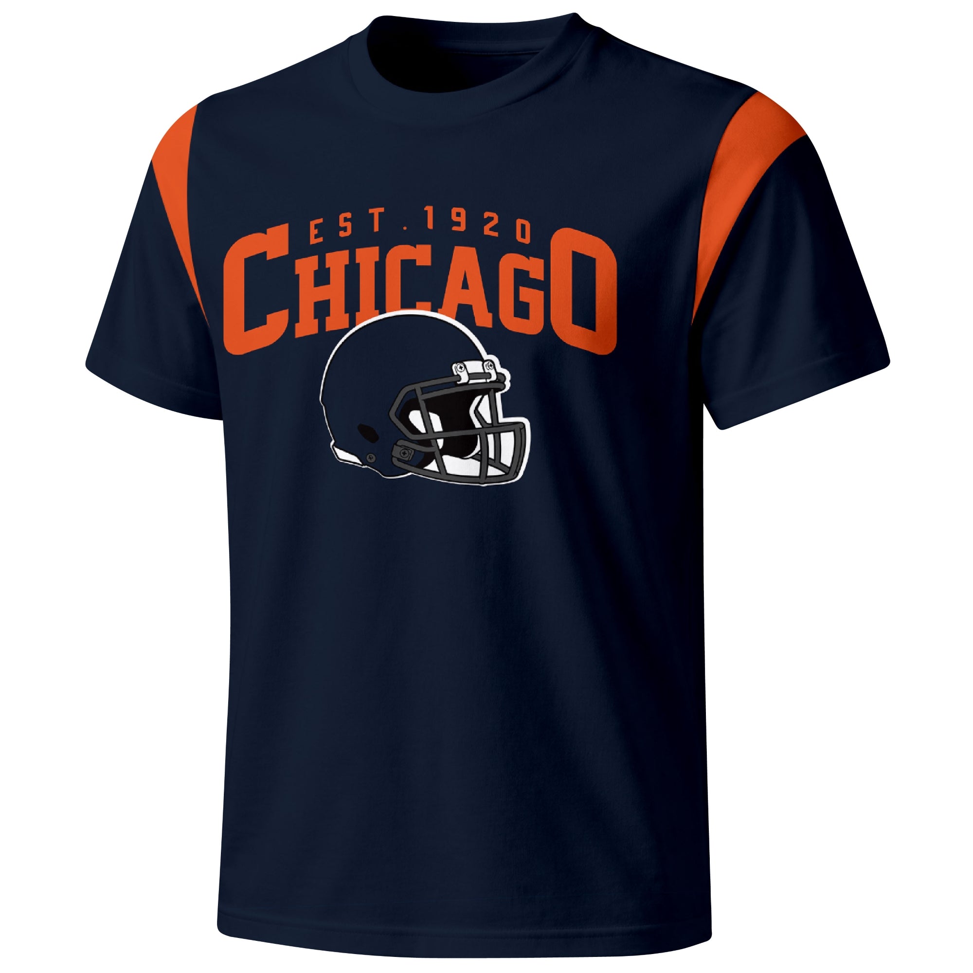 Chicago varsity football T shirt in Navy showing the front city helmet design and contrast shoulder panels