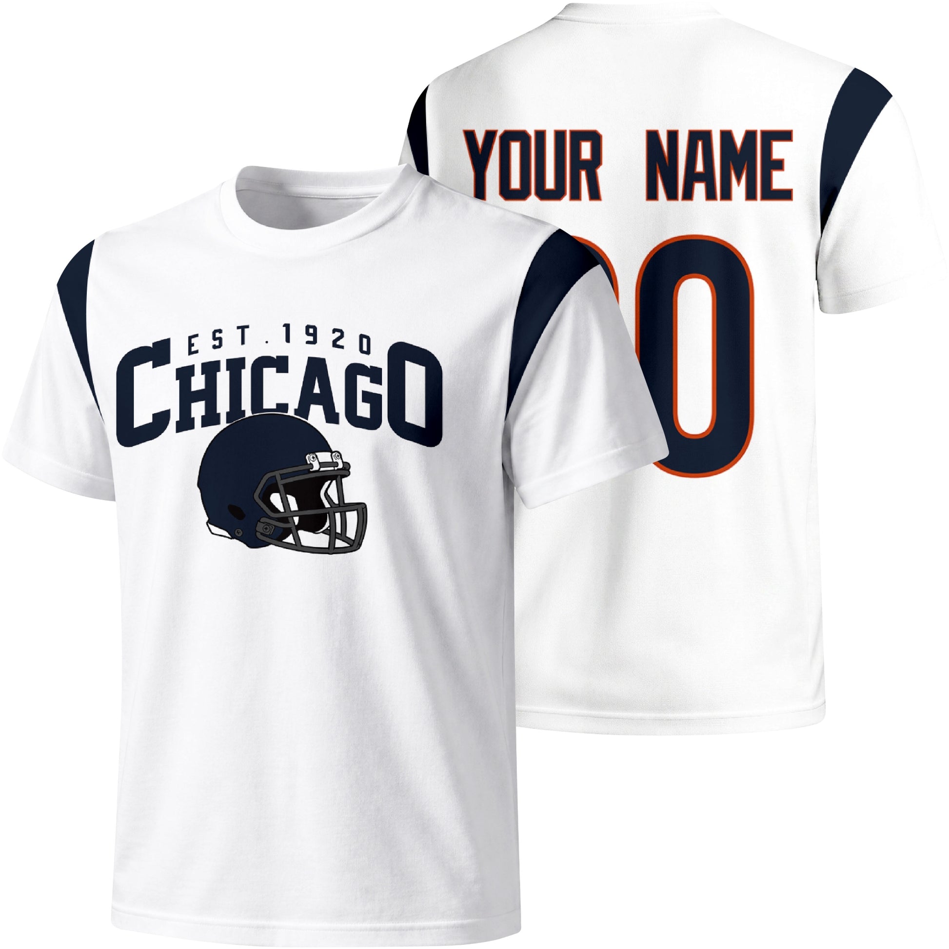 Chicago personalized varsity football T shirt in White showing front helmet design and back custom name and number