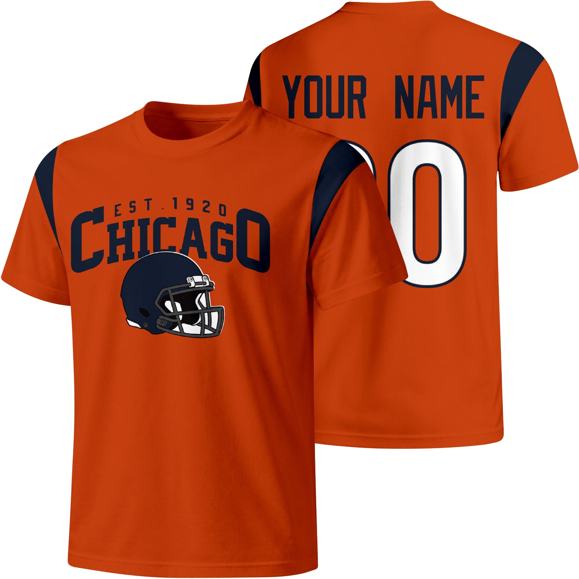 Chicago personalized varsity football T shirt in Orange showing front helmet design and back custom name and number