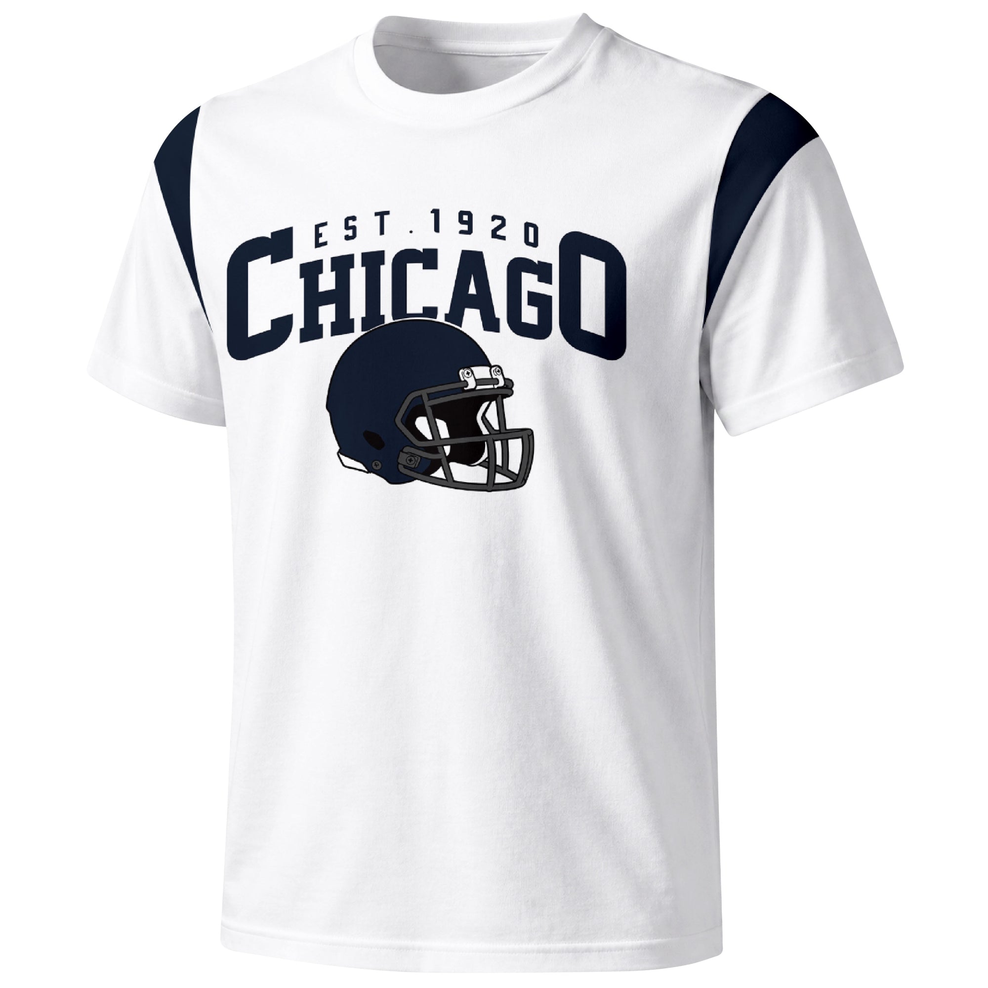 Chicago varsity football T shirt in White showing the front city helmet design and contrast shoulder panels