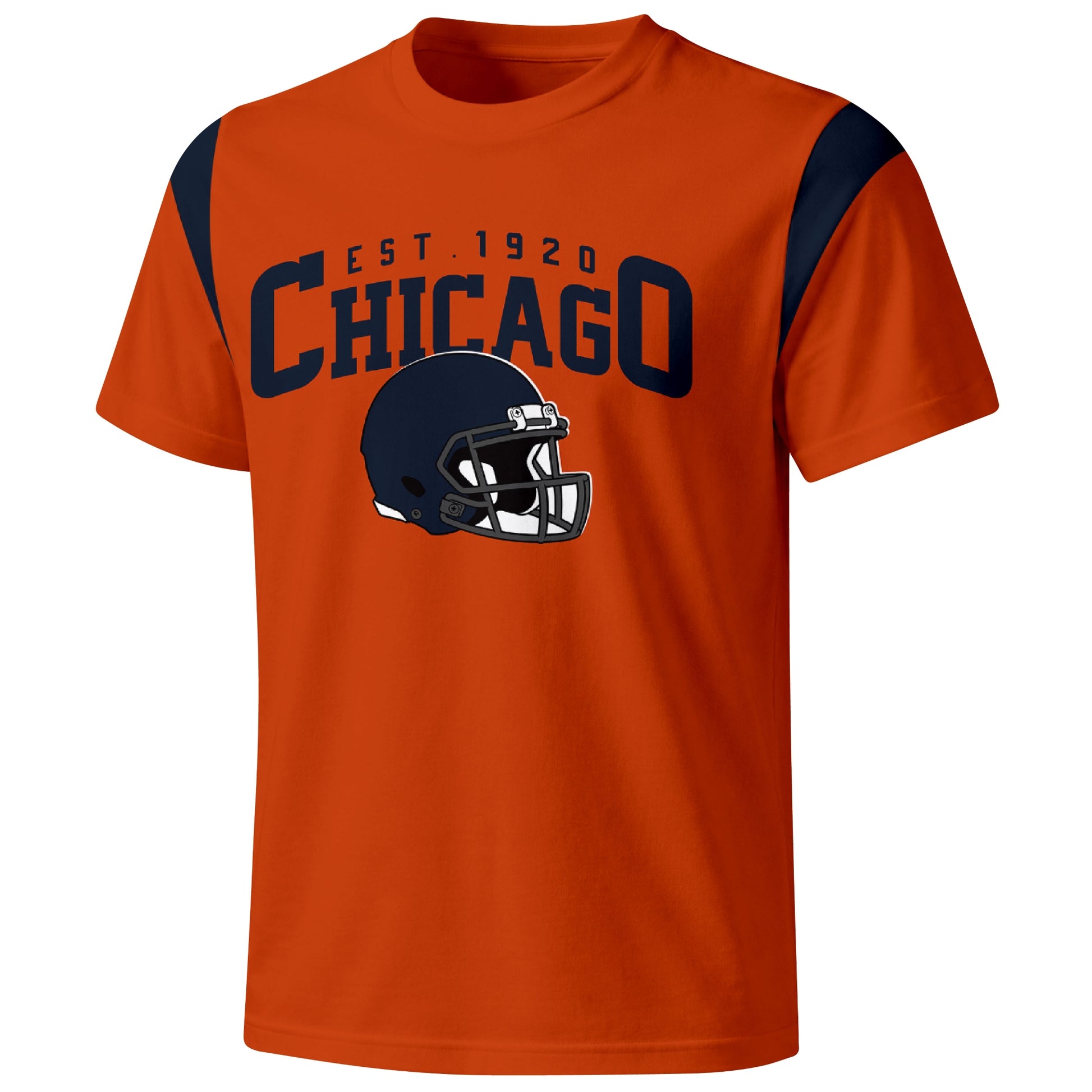 Chicago varsity football T shirt in Orange showing the front city helmet design and contrast shoulder panels