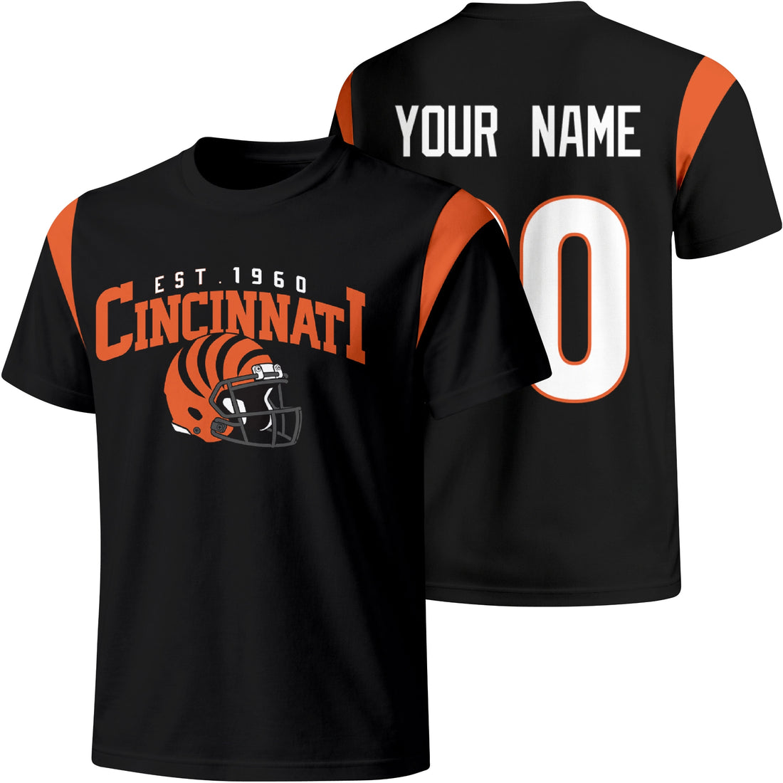 Cincinnati personalized varsity football T shirt in Black showing front helmet design and back custom name and number