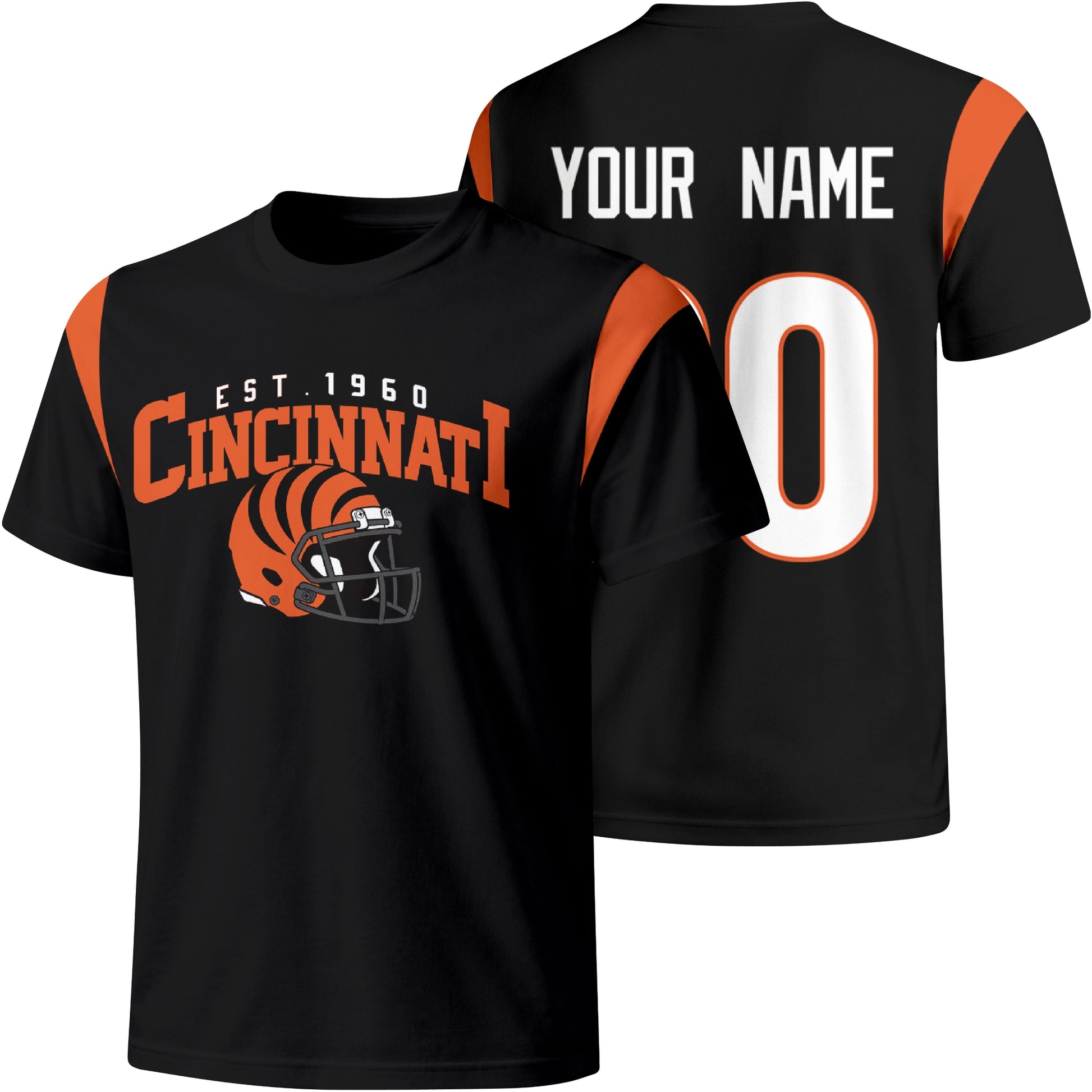 Cincinnati personalized varsity football T shirt in Black showing front helmet design and back custom name and number