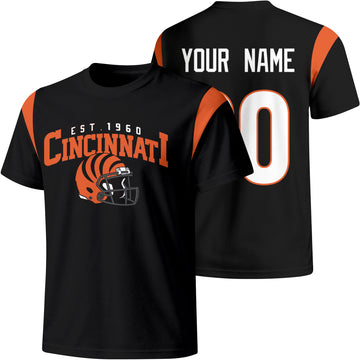 Cincinnati personalized varsity football T shirt in Black showing front helmet design and back custom name and number