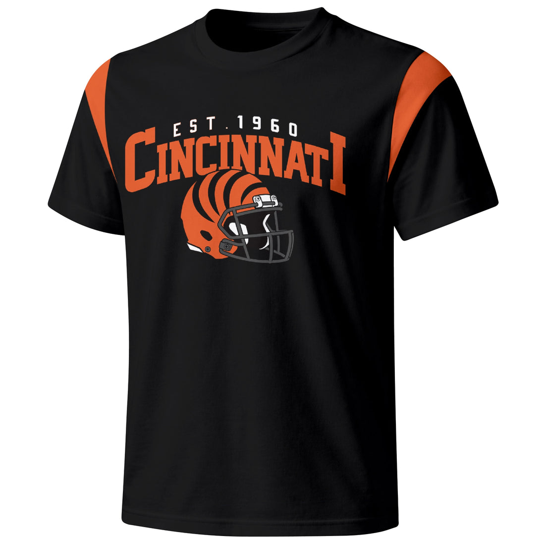 Cincinnati personalized varsity football T shirt in Black showing front helmet design and back custom name and number