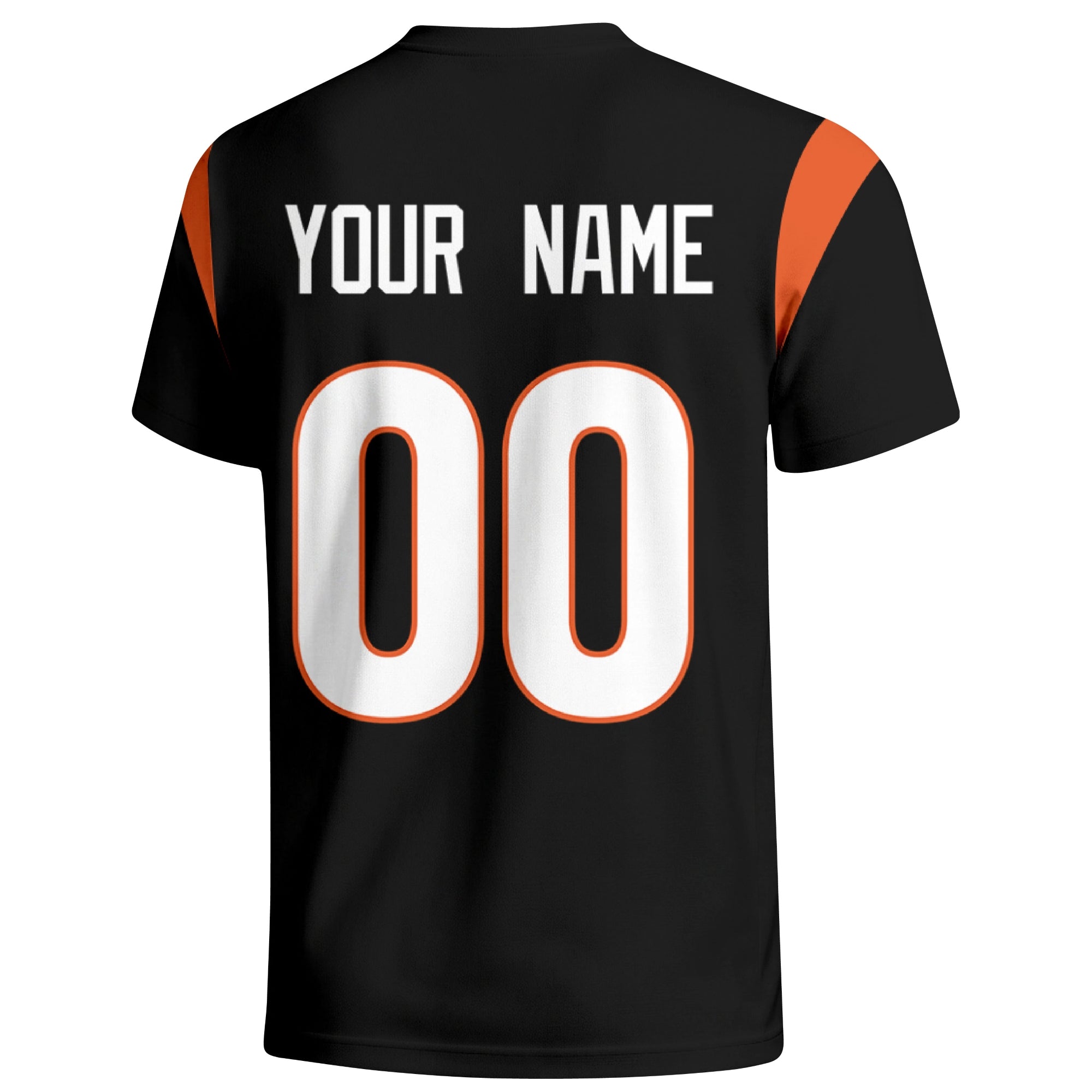 Cincinnati personalized varsity football T shirt in Black showing the back custom name and number