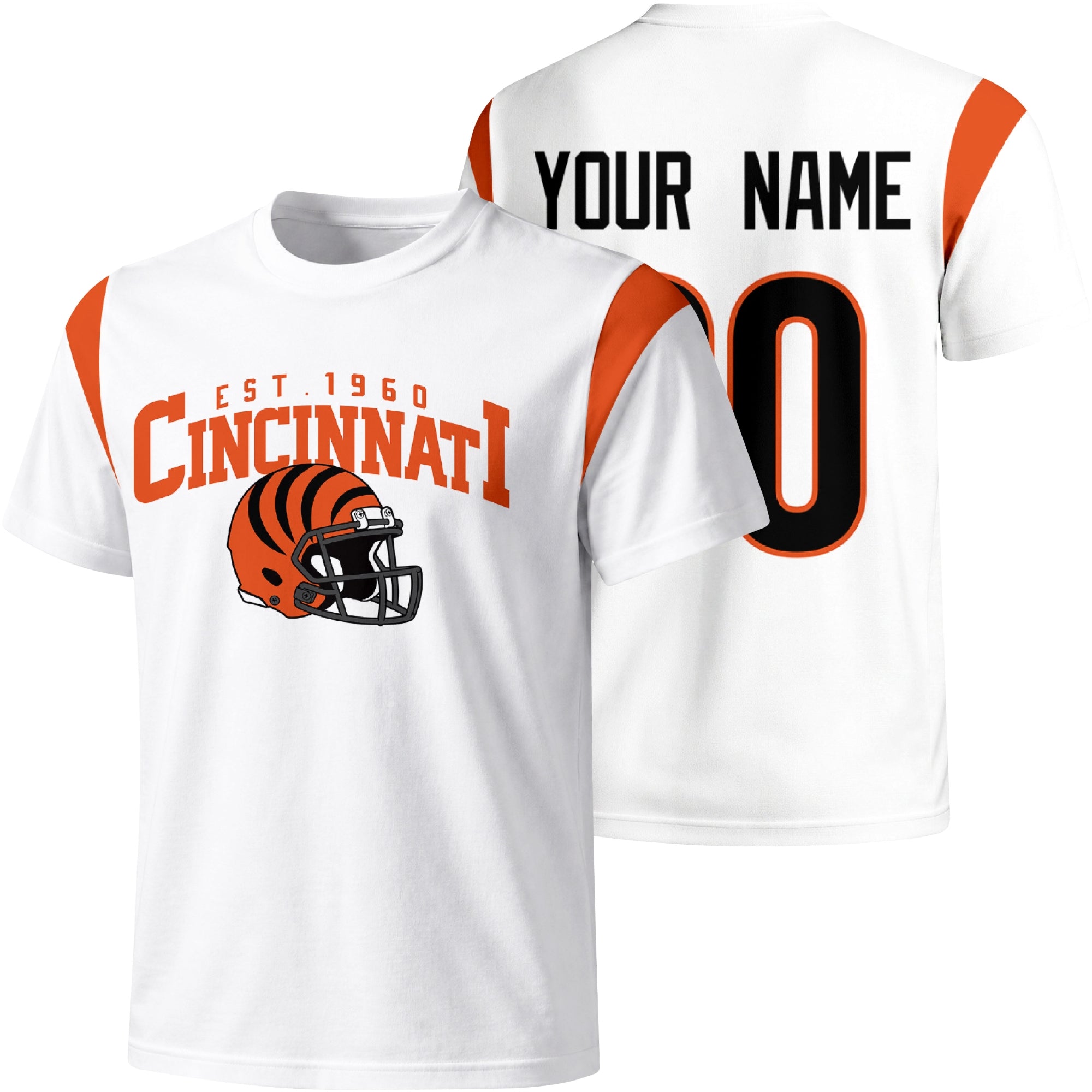 Cincinnati personalized varsity football T shirt in White showing front helmet design and back custom name and number