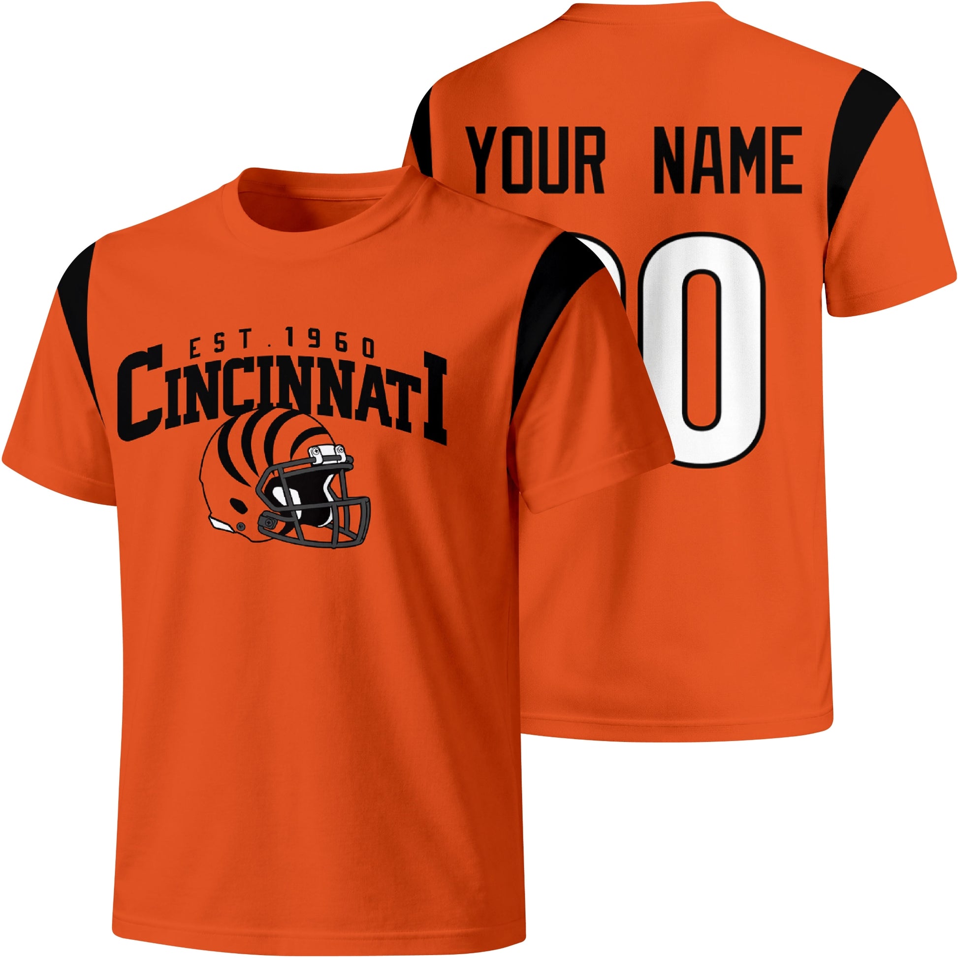 Cincinnati personalized varsity football T shirt in Orange showing front helmet design and back custom name and number