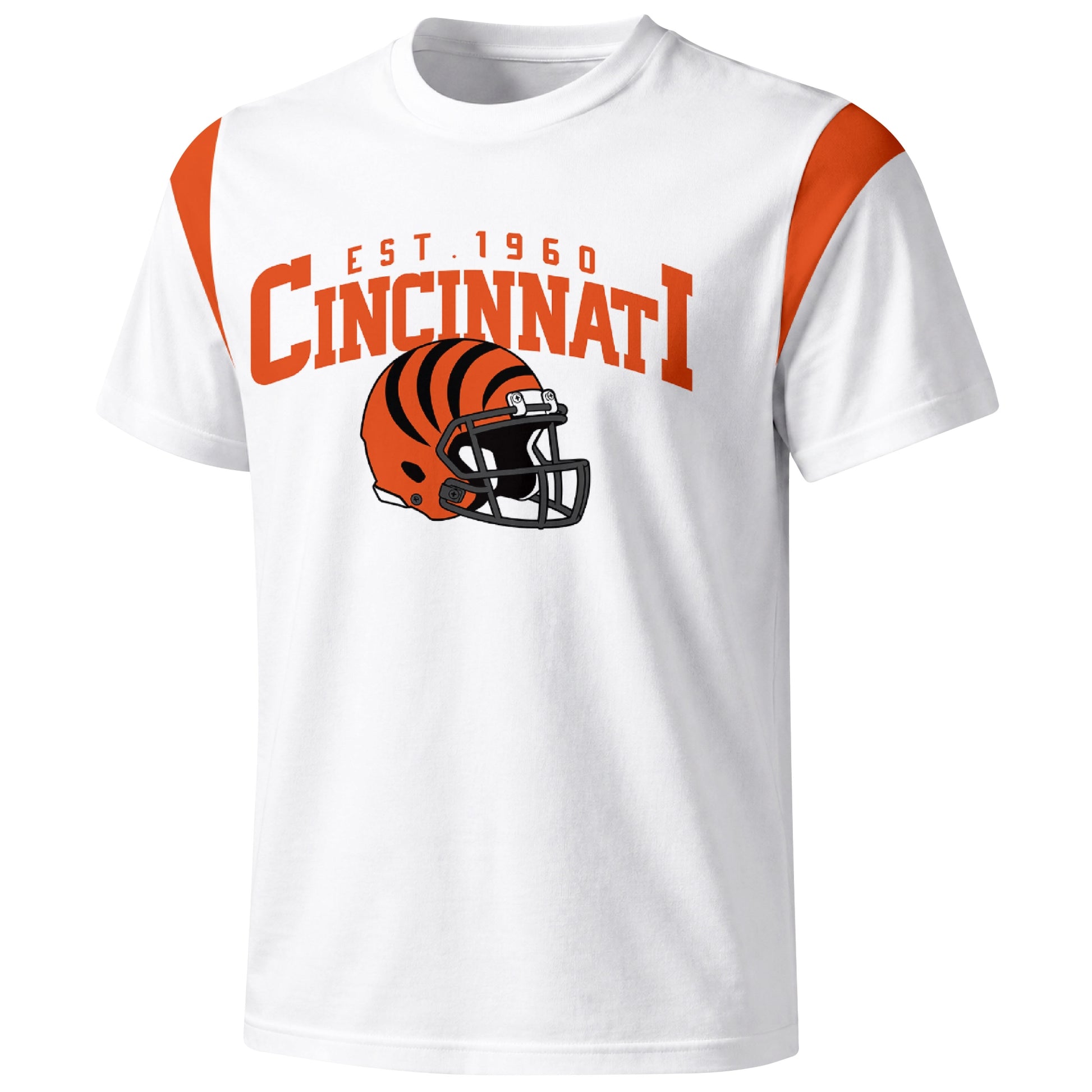 Cincinnati varsity football T shirt in White showing the front city helmet design and contrast shoulder panels
