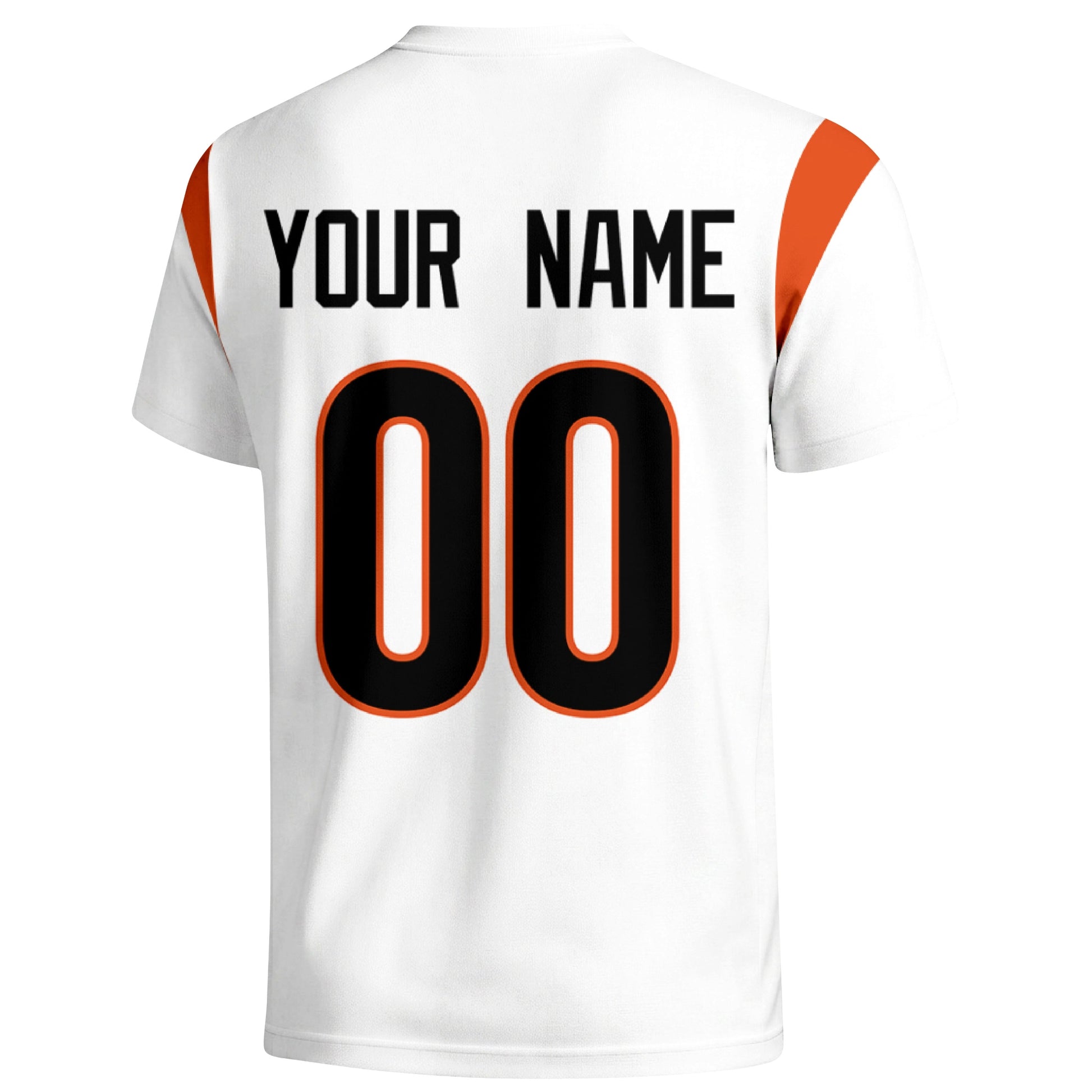 Cincinnati personalized varsity football T shirt in White showing the back custom name and number