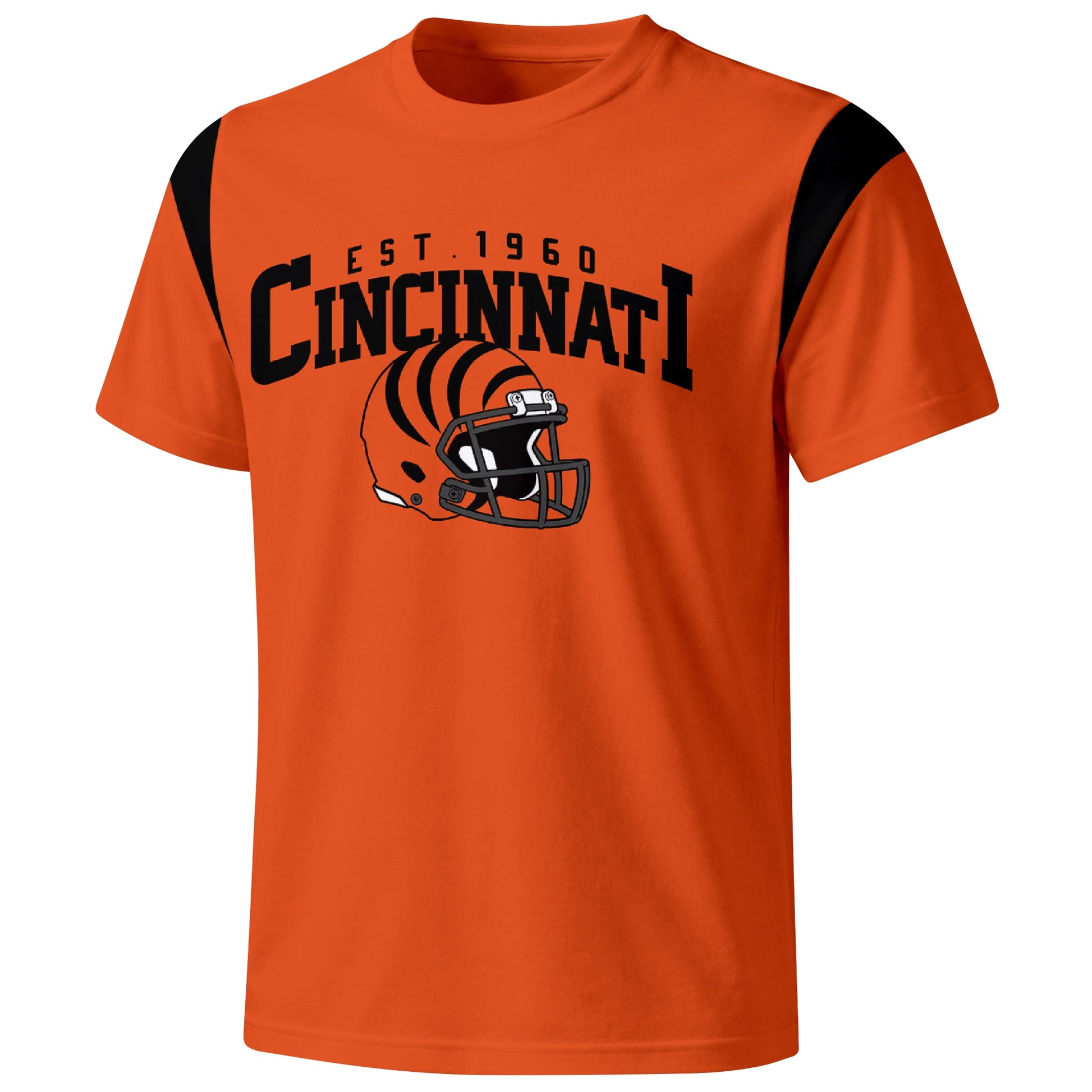 Cincinnati varsity football T shirt in Orange showing the front city helmet design and contrast shoulder panels