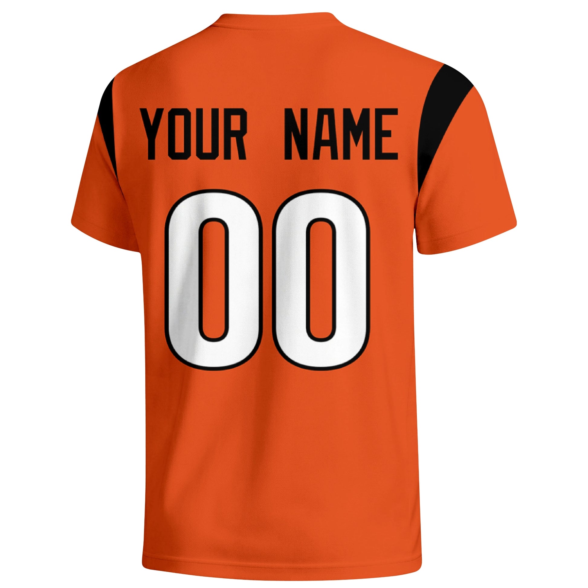Cincinnati personalized varsity football T shirt in Orange showing the back custom name and number