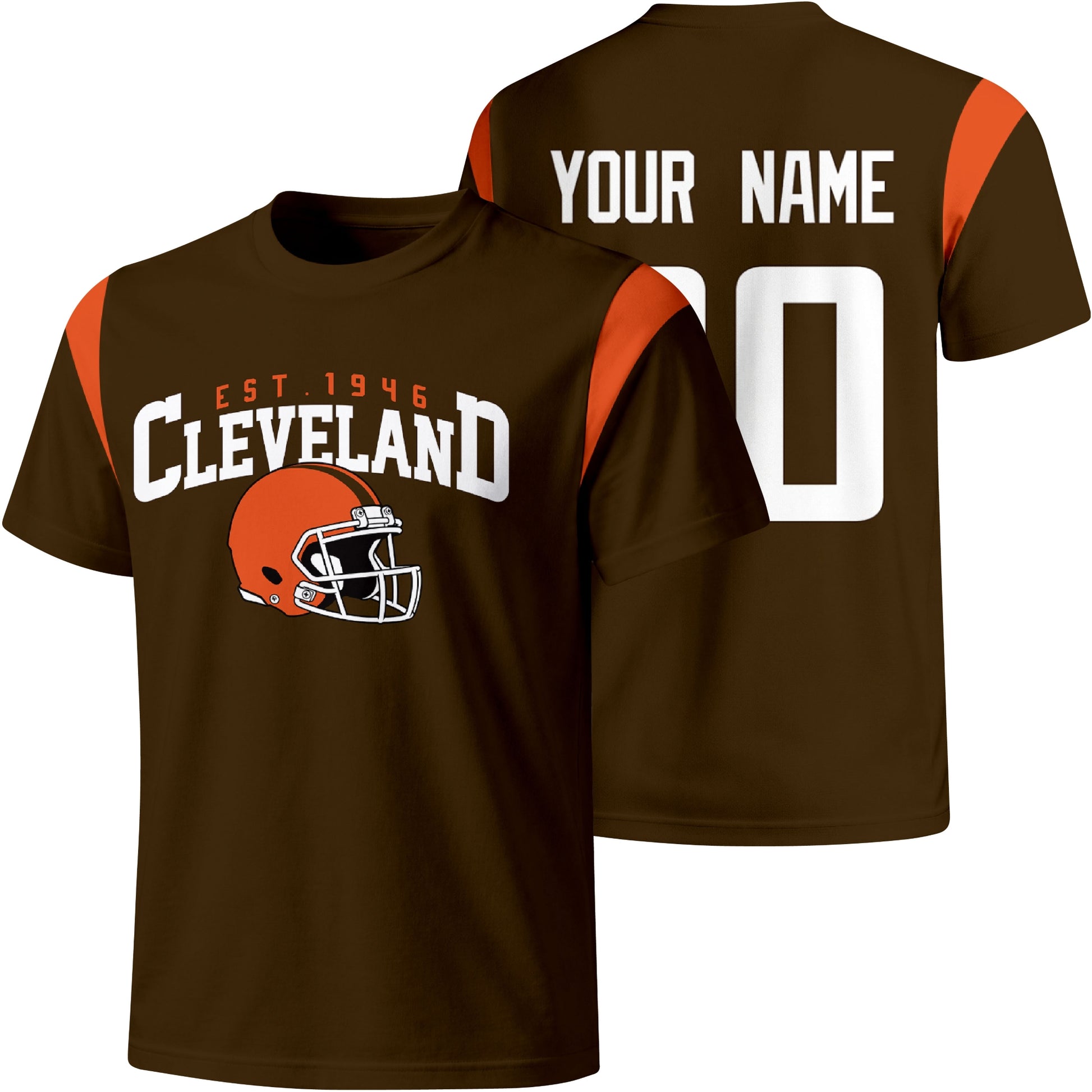 Cleveland personalized varsity football T shirt in Brown showing front helmet design and back custom name and number