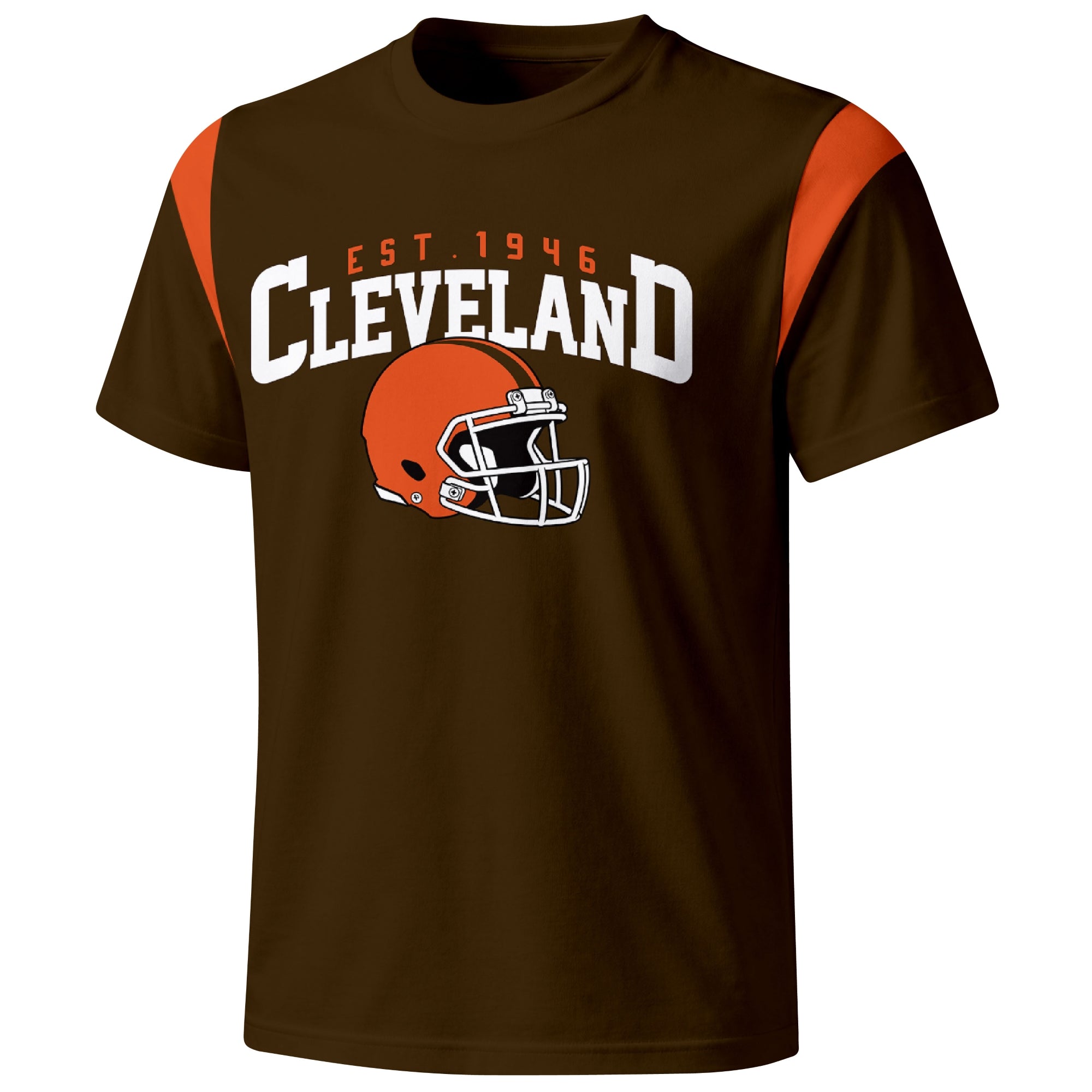 Cleveland varsity football T shirt in Brown showing the front city helmet design and contrast shoulder panels