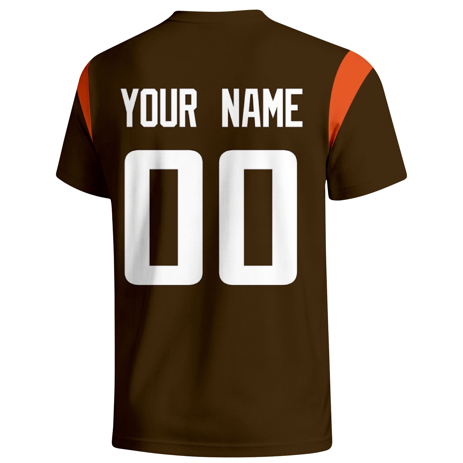 Cleveland personalized varsity football T shirt in Brown showing the back custom name and number