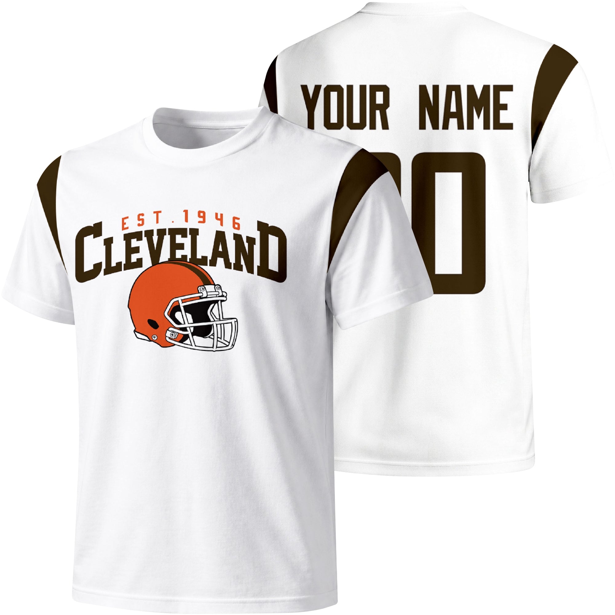 Cleveland personalized varsity football T shirt in White showing front helmet design and back custom name and number
