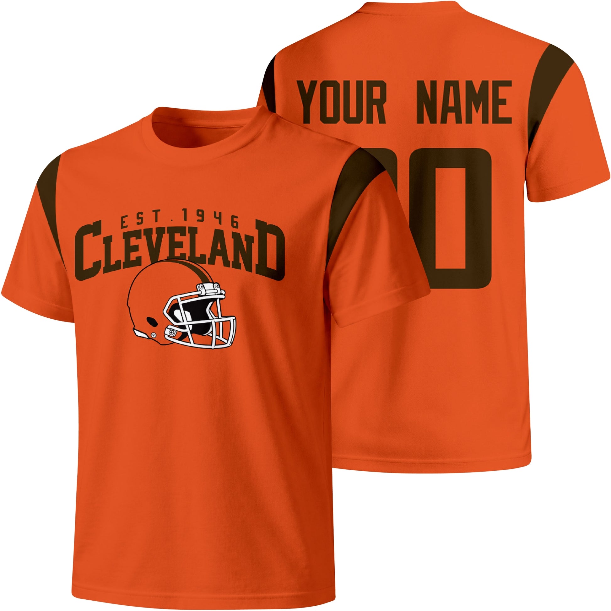 Cleveland personalized varsity football T shirt in Orange showing front helmet design and back custom name and number