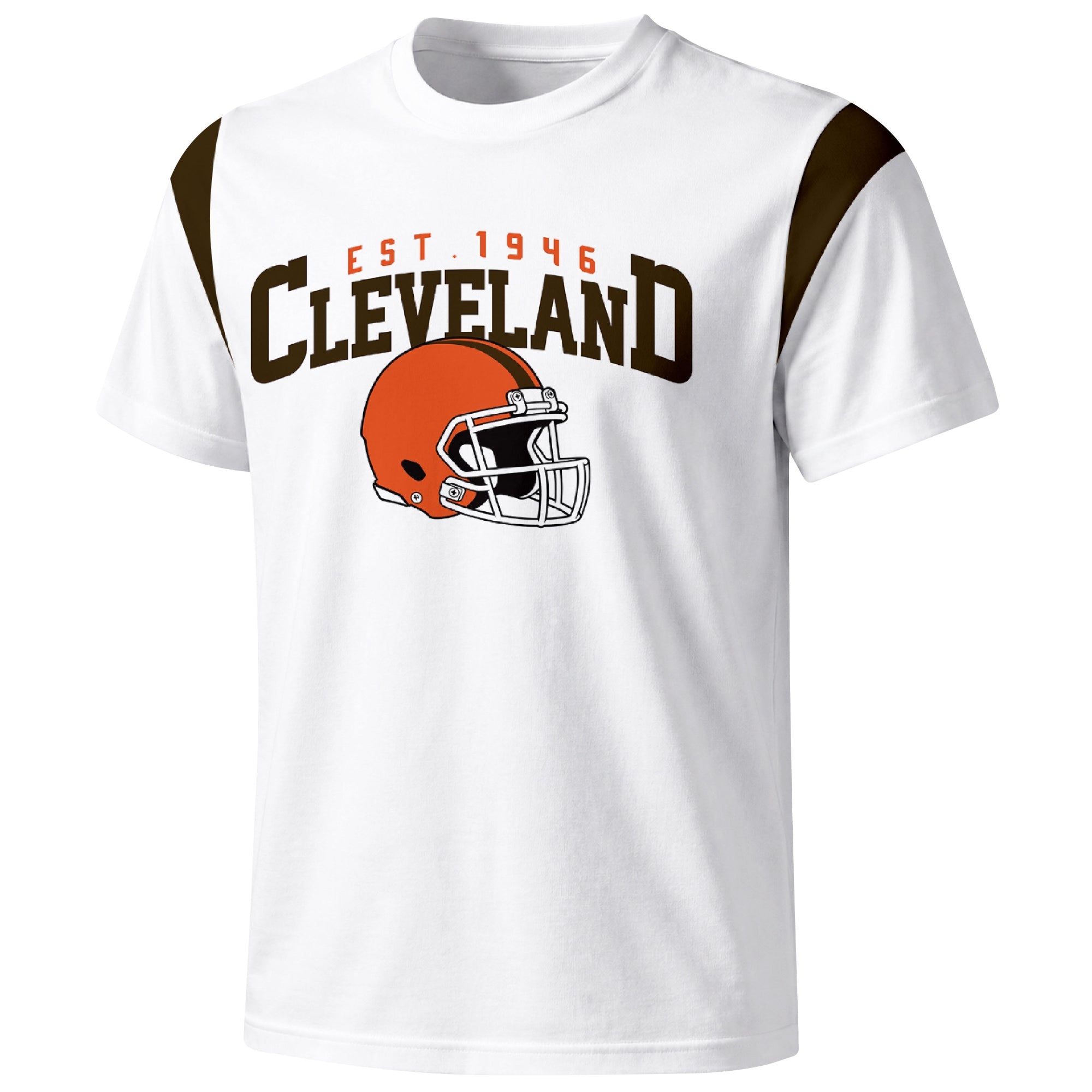 Cleveland varsity football T shirt in White showing the front city helmet design and contrast shoulder panels