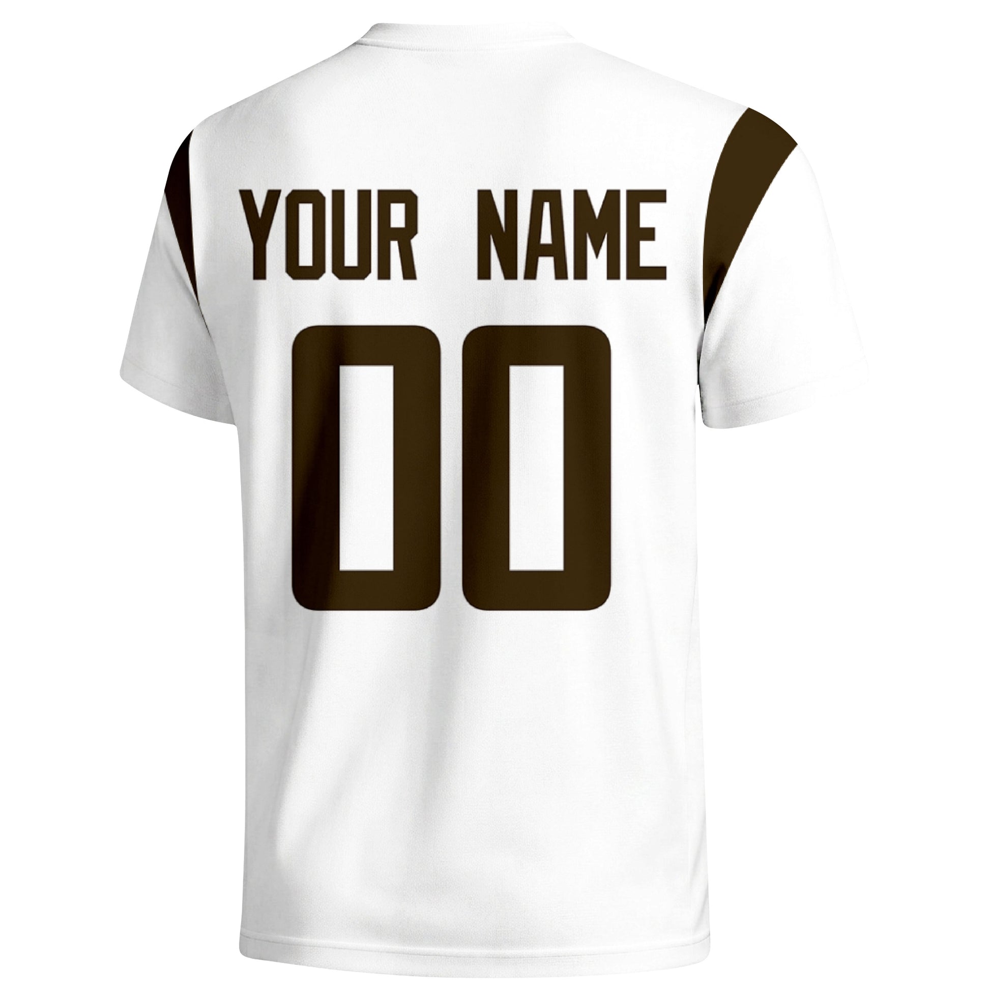 Cleveland personalized varsity football T shirt in White showing the back custom name and number