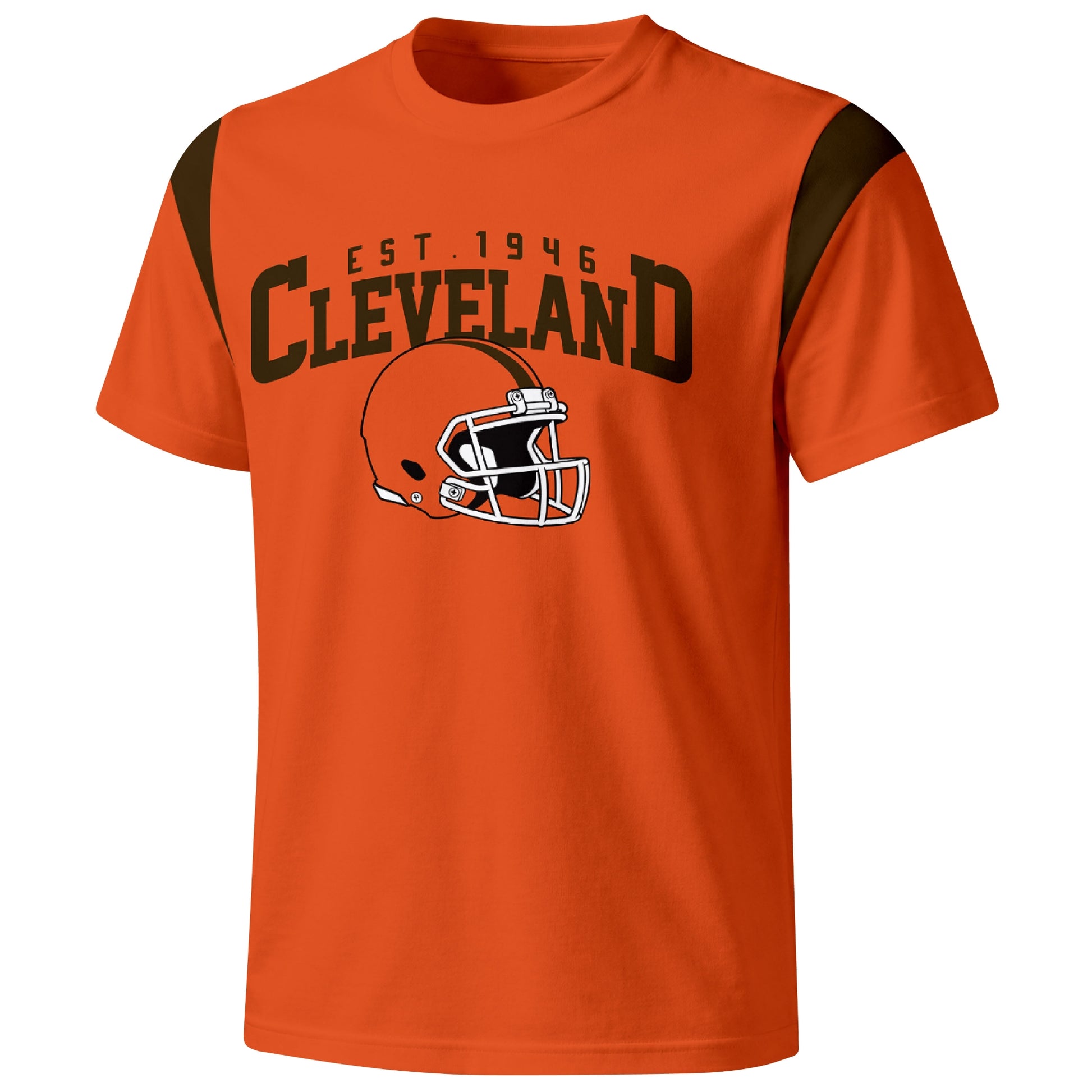 Cleveland varsity football T shirt in Orange showing the front city helmet design and contrast shoulder panels