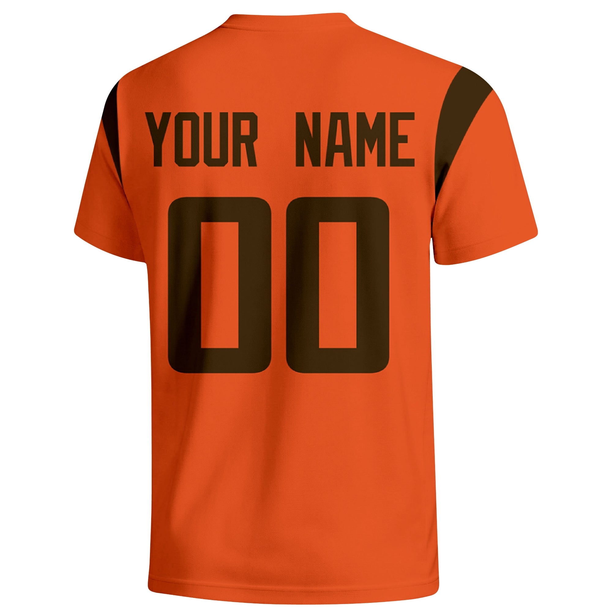 Cleveland personalized varsity football T shirt in Orange showing the back custom name and number