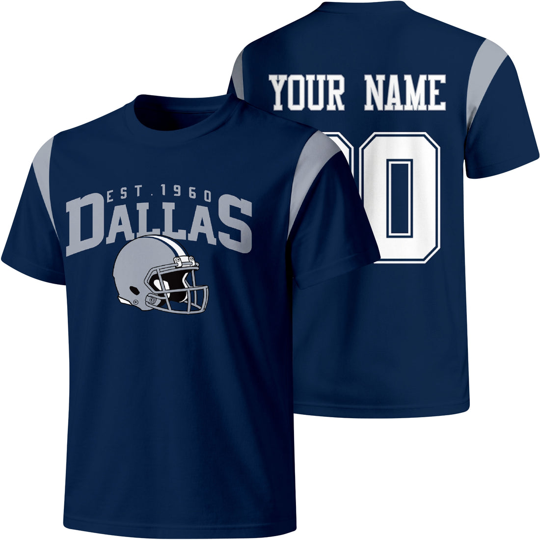Dallas personalized varsity football T shirt in Navy showing front helmet design and back custom name and number