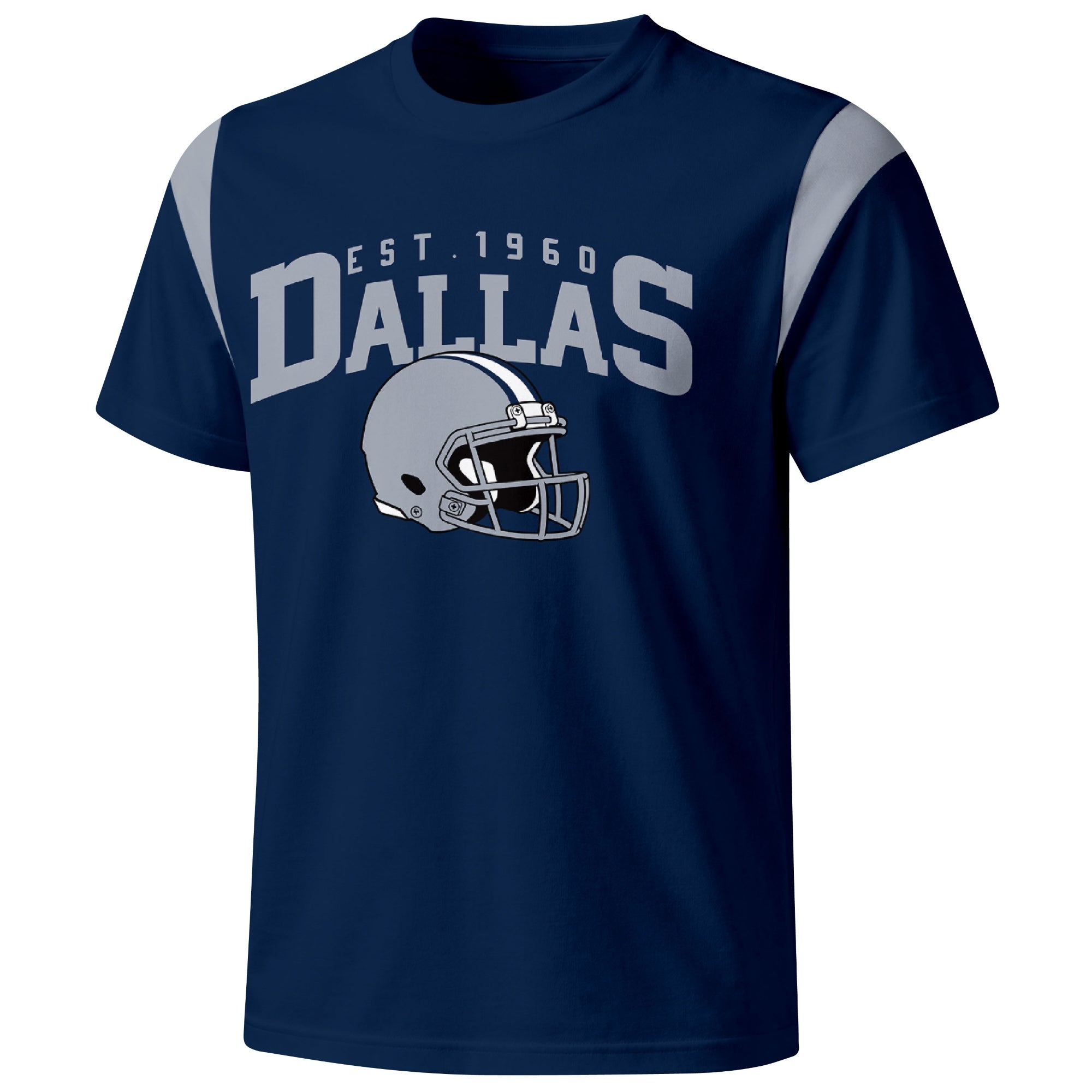 Dallas varsity football T shirt in Navy showing the front city helmet design and contrast shoulder panels