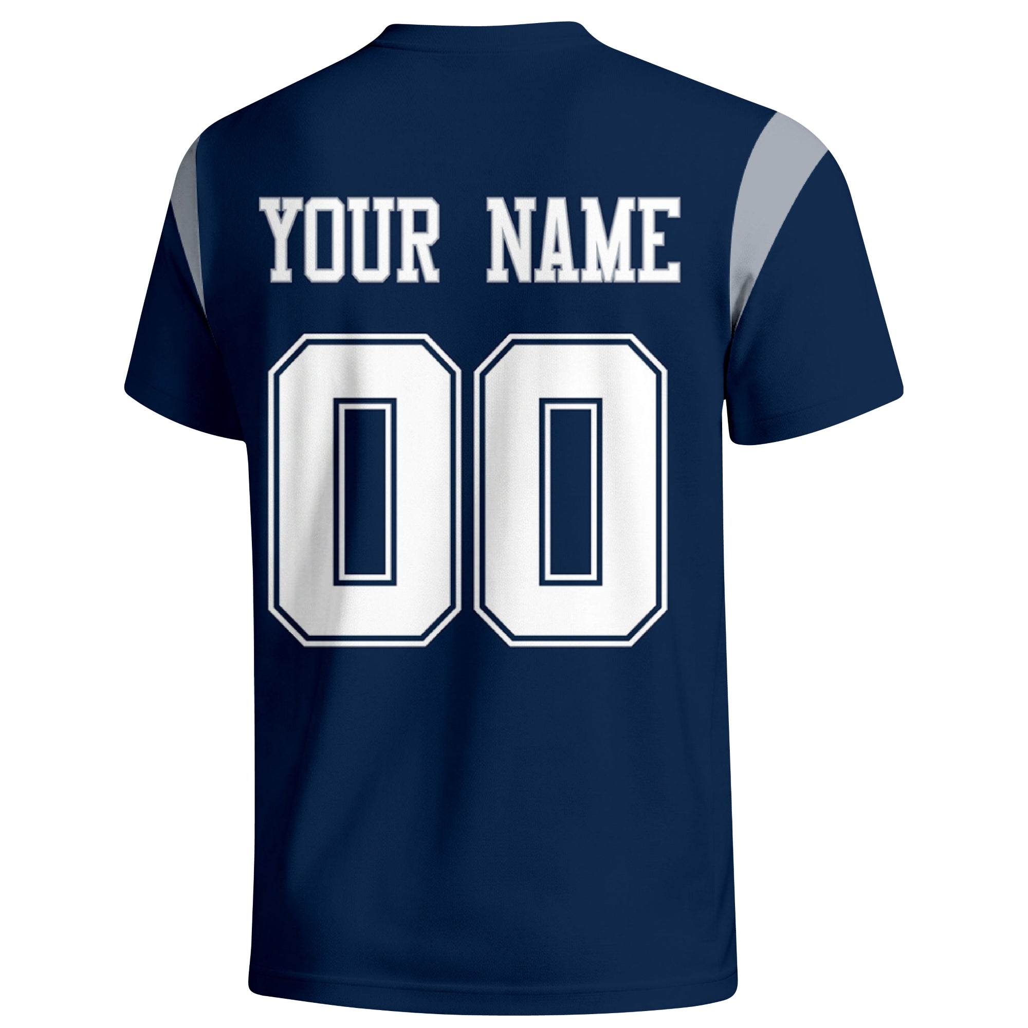 Dallas personalized varsity football T shirt in Navy showing the back custom name and number