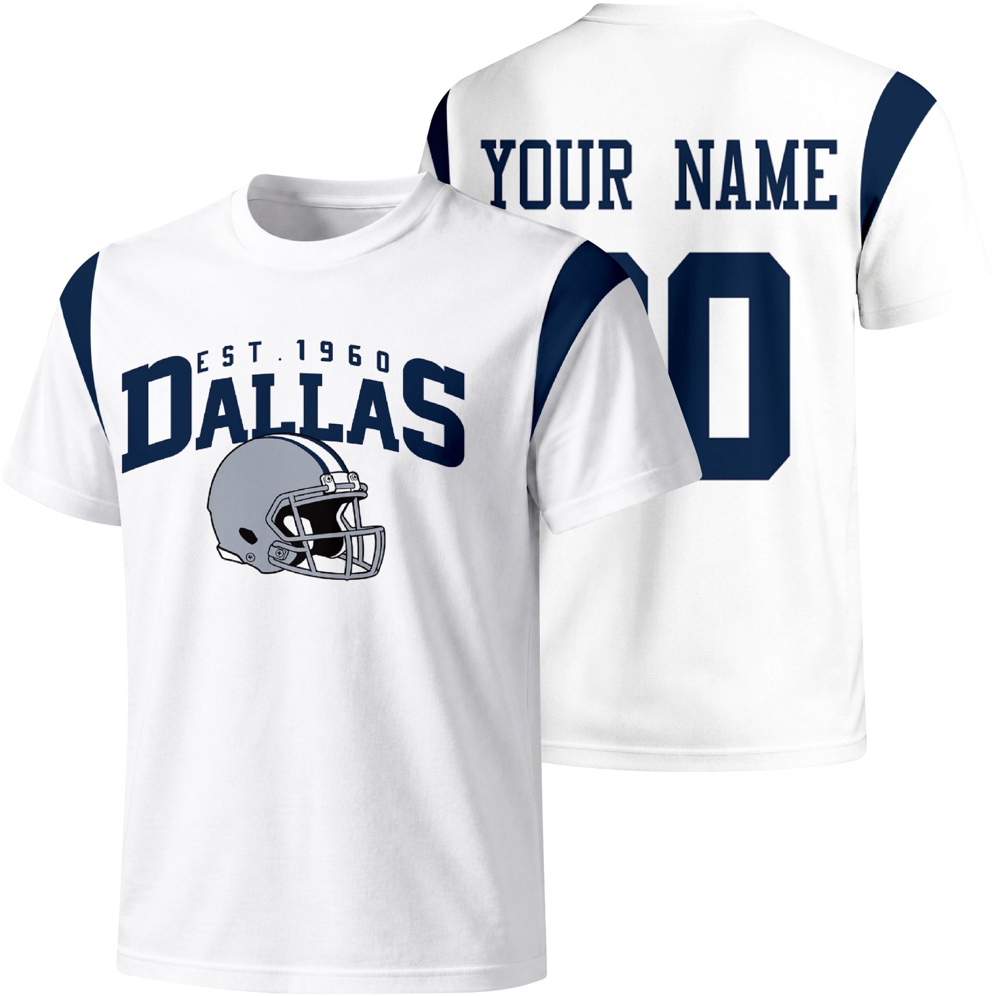 Dallas personalized varsity football T shirt in White showing front helmet design and back custom name and number